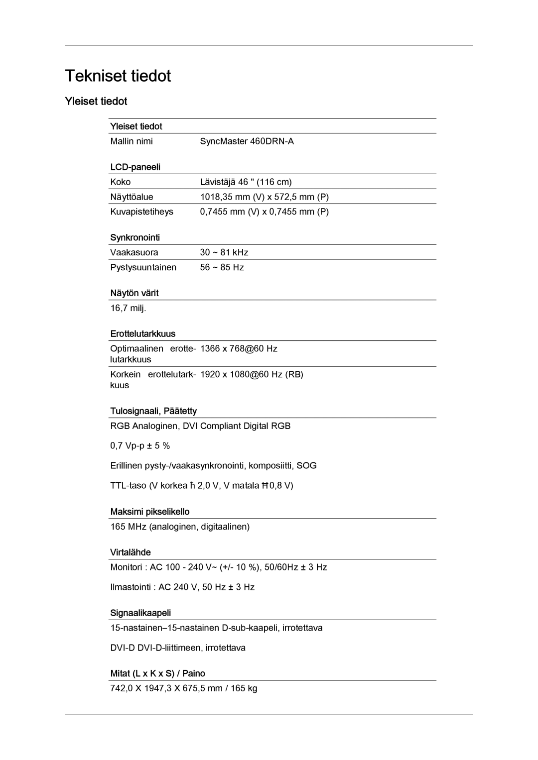 Samsung LH46OUTQGF/EN manual Yleiset tiedot 