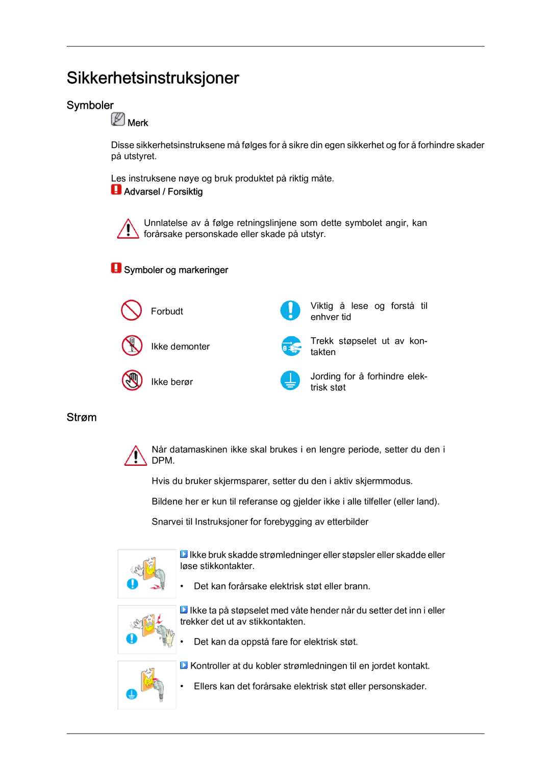 Samsung LH46OUTQGF/EN manual Strøm, Merk, Symboler og markeringer 