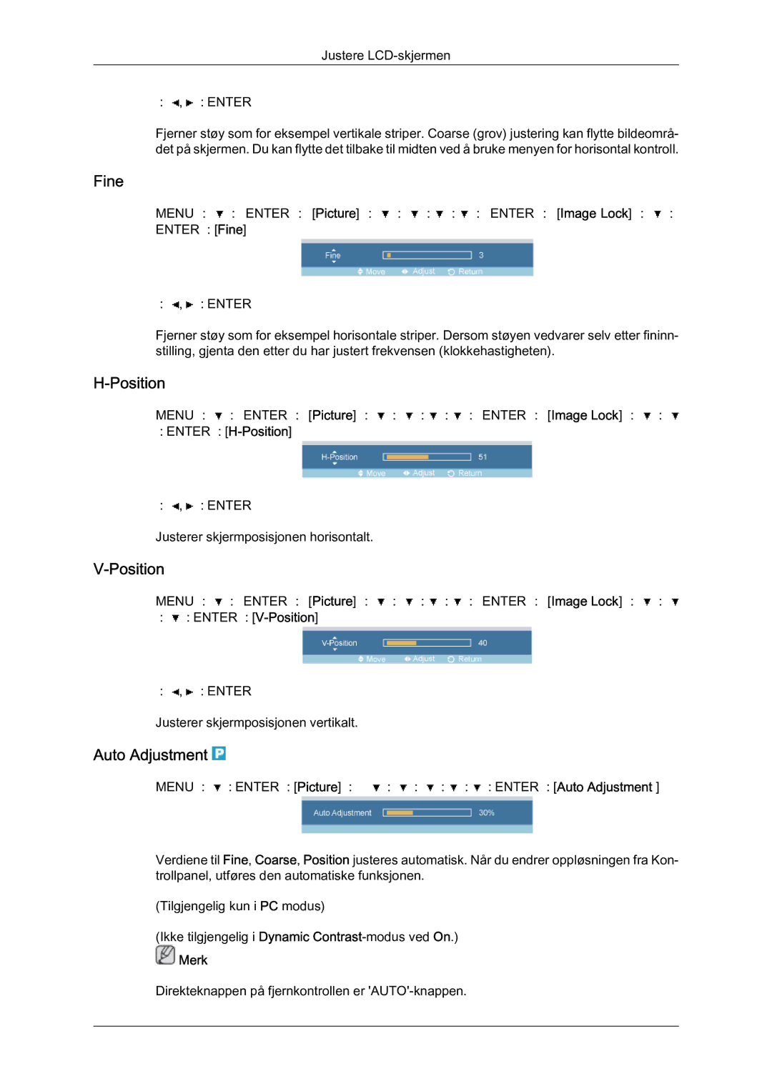 Samsung LH46OUTQGF/EN manual Fine, Auto Adjustment, → Enter → H-Position, → → Enter → V-Position 