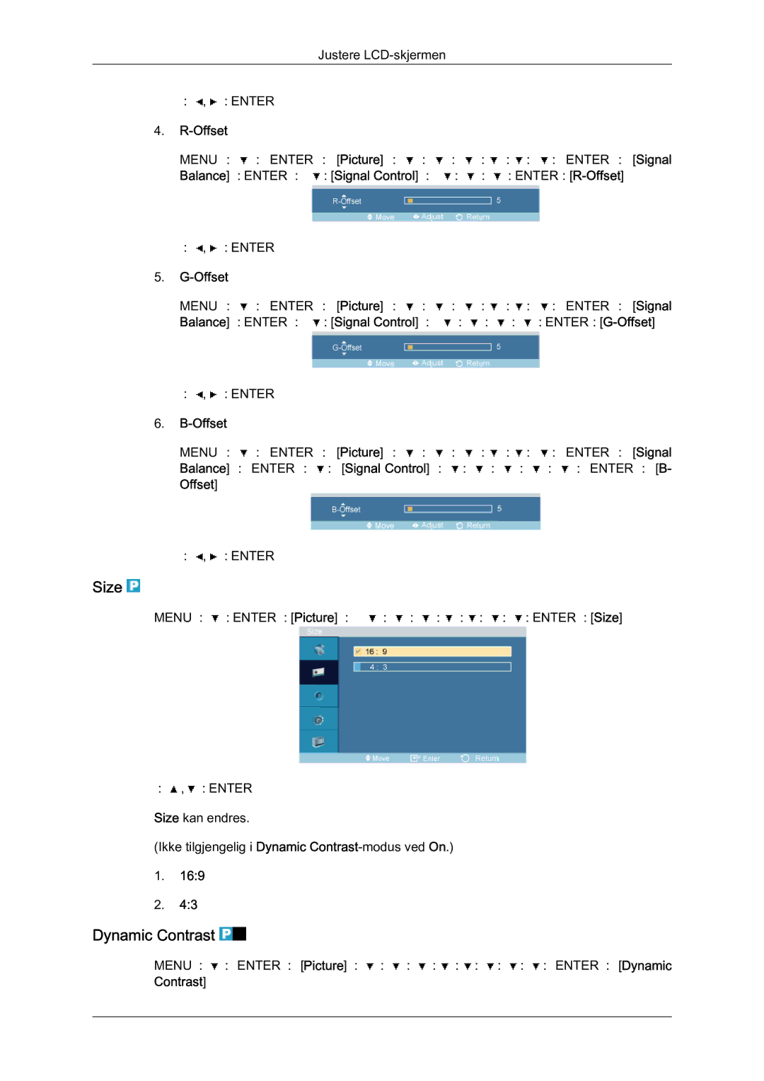 Samsung LH46OUTQGF/EN manual Size, Dynamic Contrast, Offset 