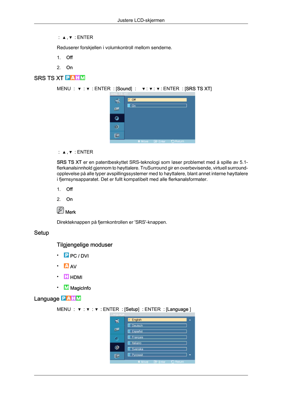 Samsung LH46OUTQGF/EN manual Setup Tilgjengelige moduser, Language, Off Merk 