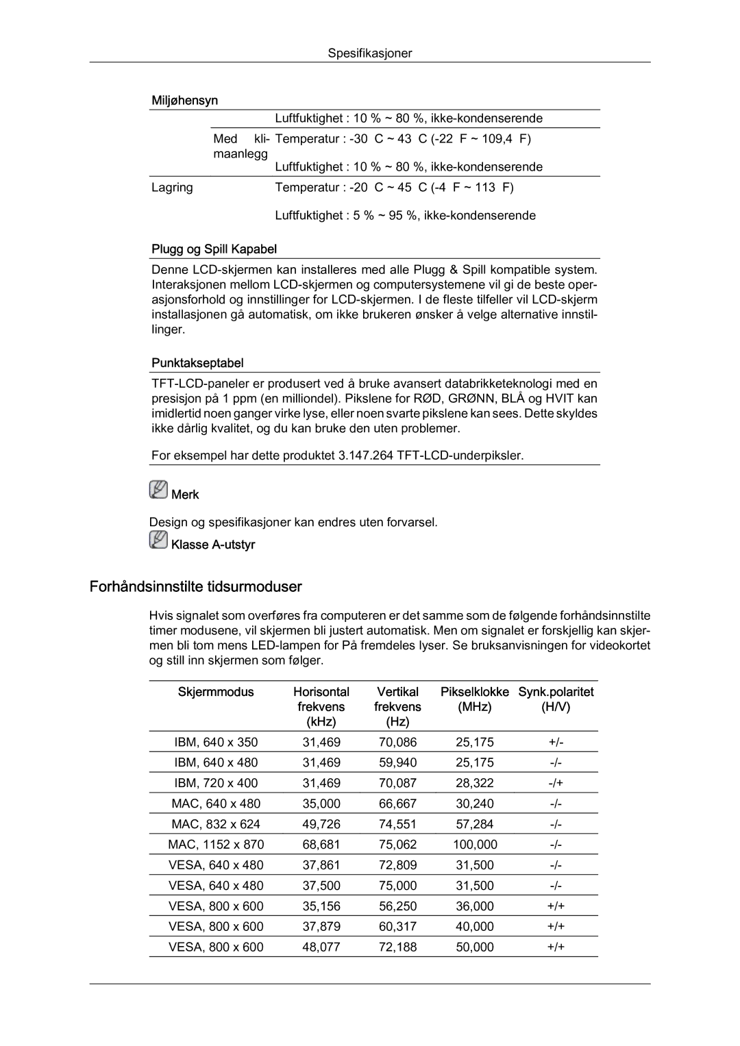 Samsung LH46OUTQGF/EN manual Forhåndsinnstilte tidsurmoduser, Plugg og Spill Kapabel, Punktakseptabel, Klasse A-utstyr 