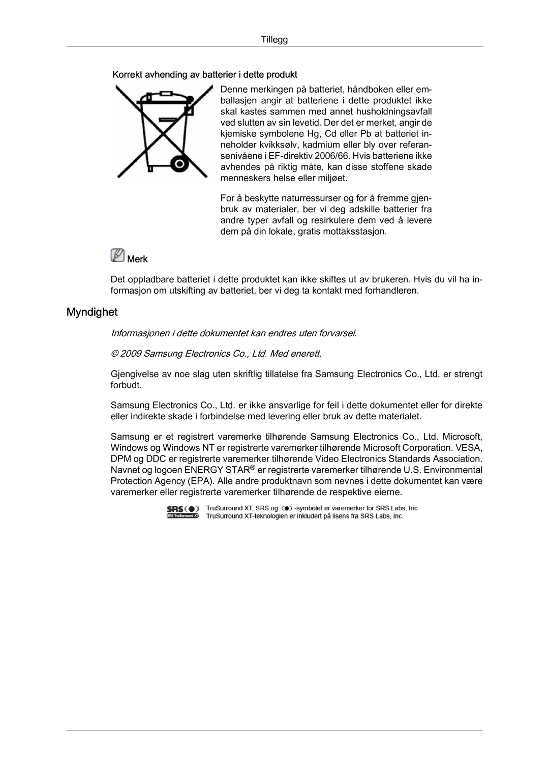 Samsung LH46OUTQGF/EN manual Myndighet, Korrekt avhending av batterier i dette produkt 