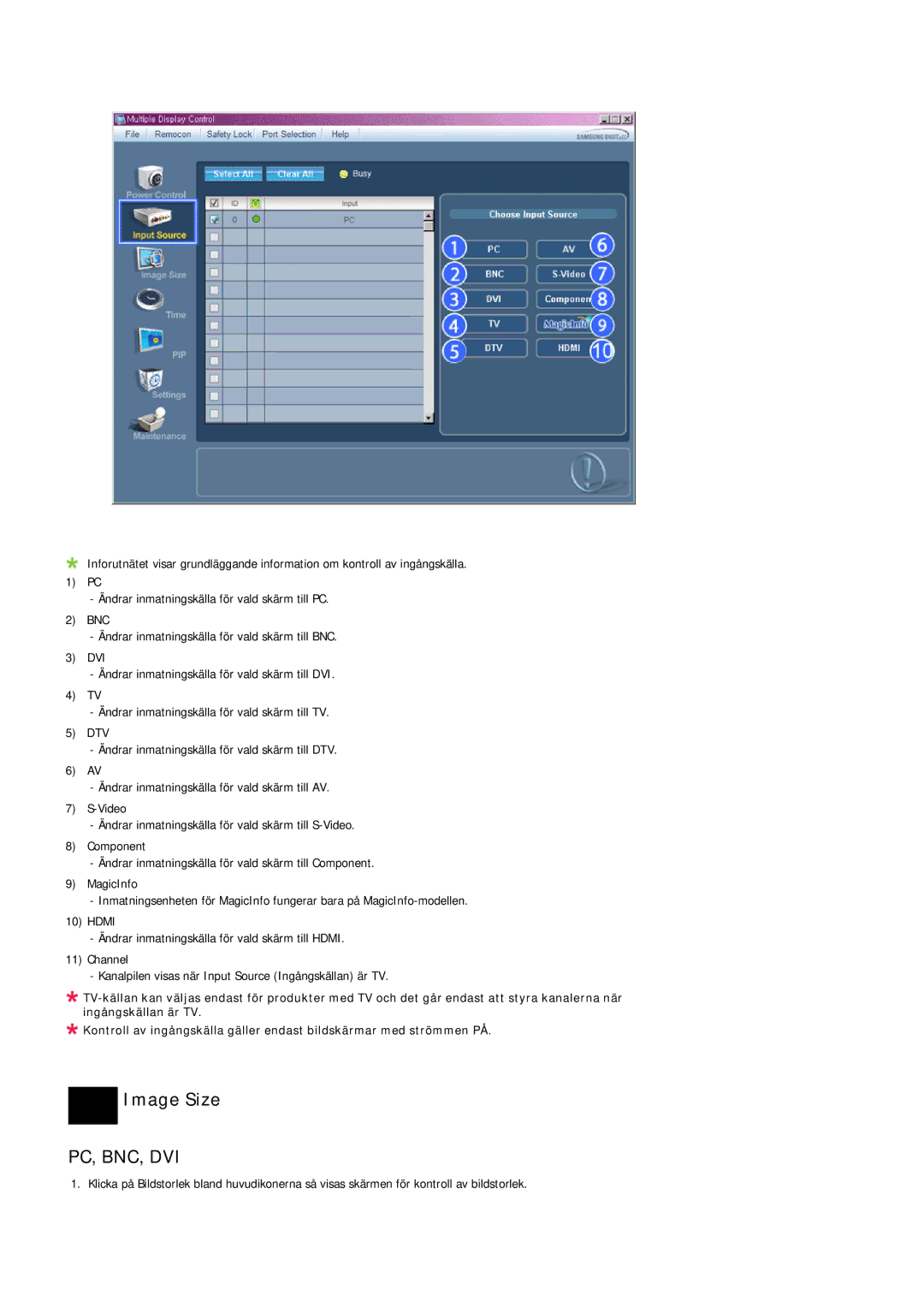 Samsung LH46OUTQGF/EN manual Image Size, Pc, Bnc, Dvi 