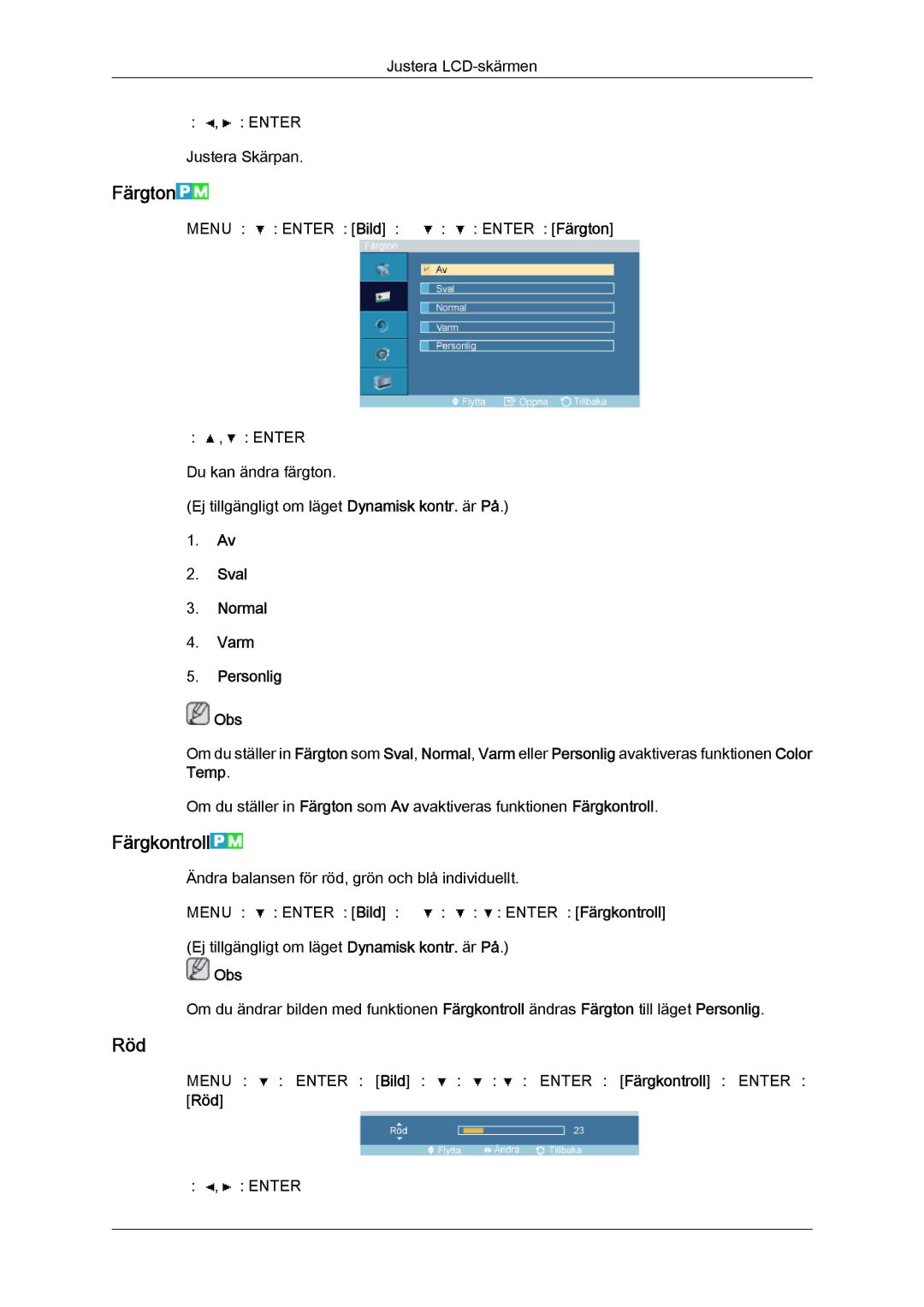 Samsung LH46OUTQGF/EN manual Färgton, Färgkontroll, Röd, Sval Normal Varm Personlig Obs 