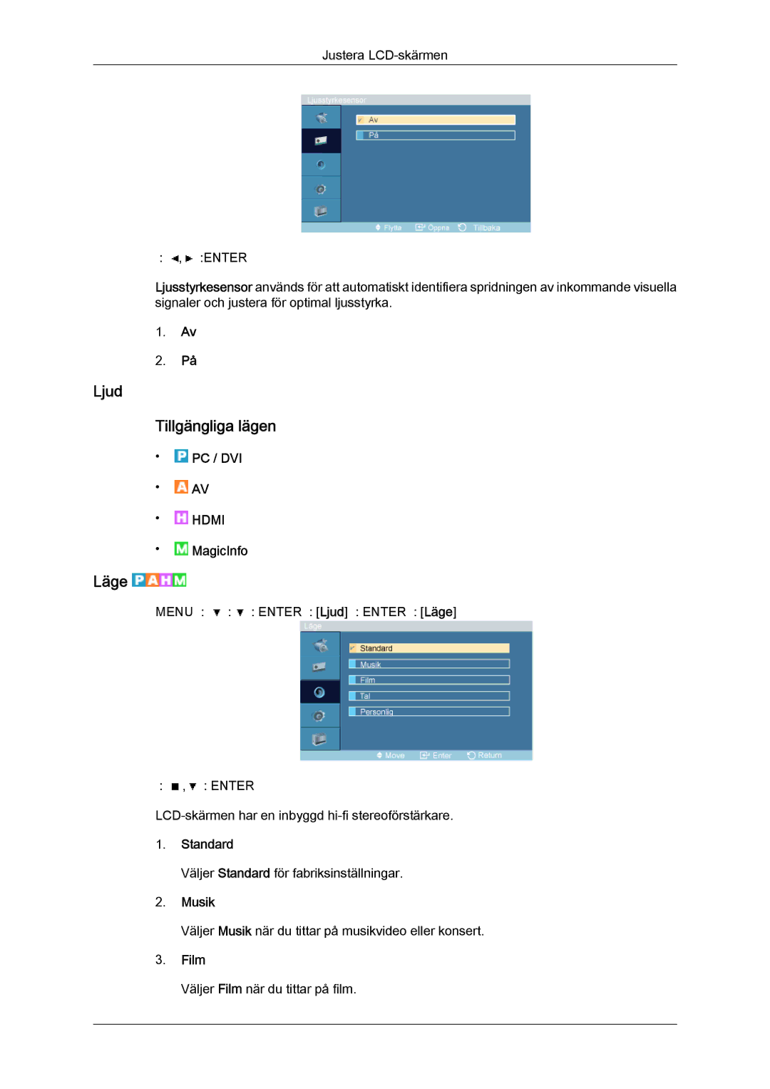 Samsung LH46OUTQGF/EN manual Ljud Tillgängliga lägen, Musik 