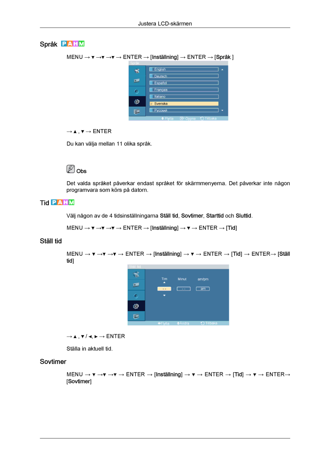 Samsung LH46OUTQGF/EN manual Språk, Tid, Ställ tid, Sovtimer 