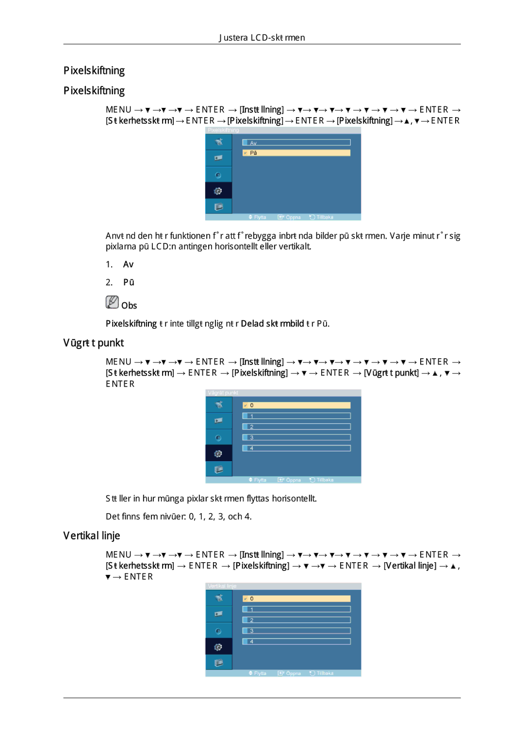 Samsung LH46OUTQGF/EN manual Pixelskiftning, Vågrät punkt, Vertikal linje 