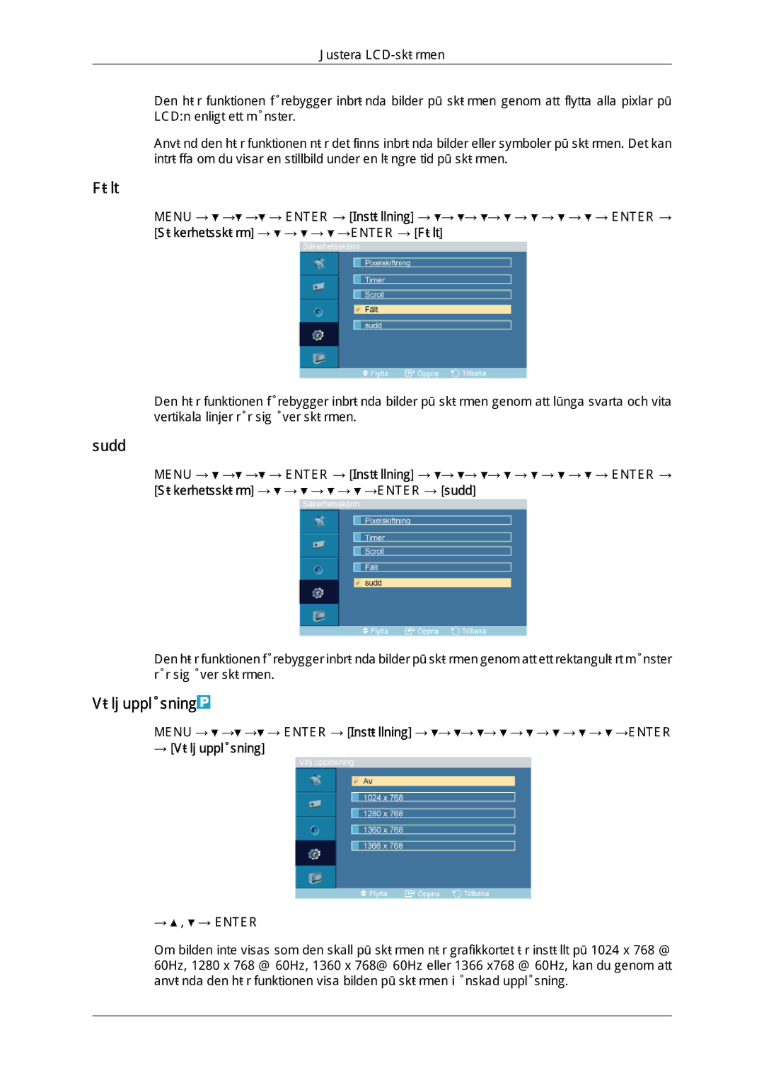 Samsung LH46OUTQGF/EN manual Fält, Sudd, → Välj upplösning 