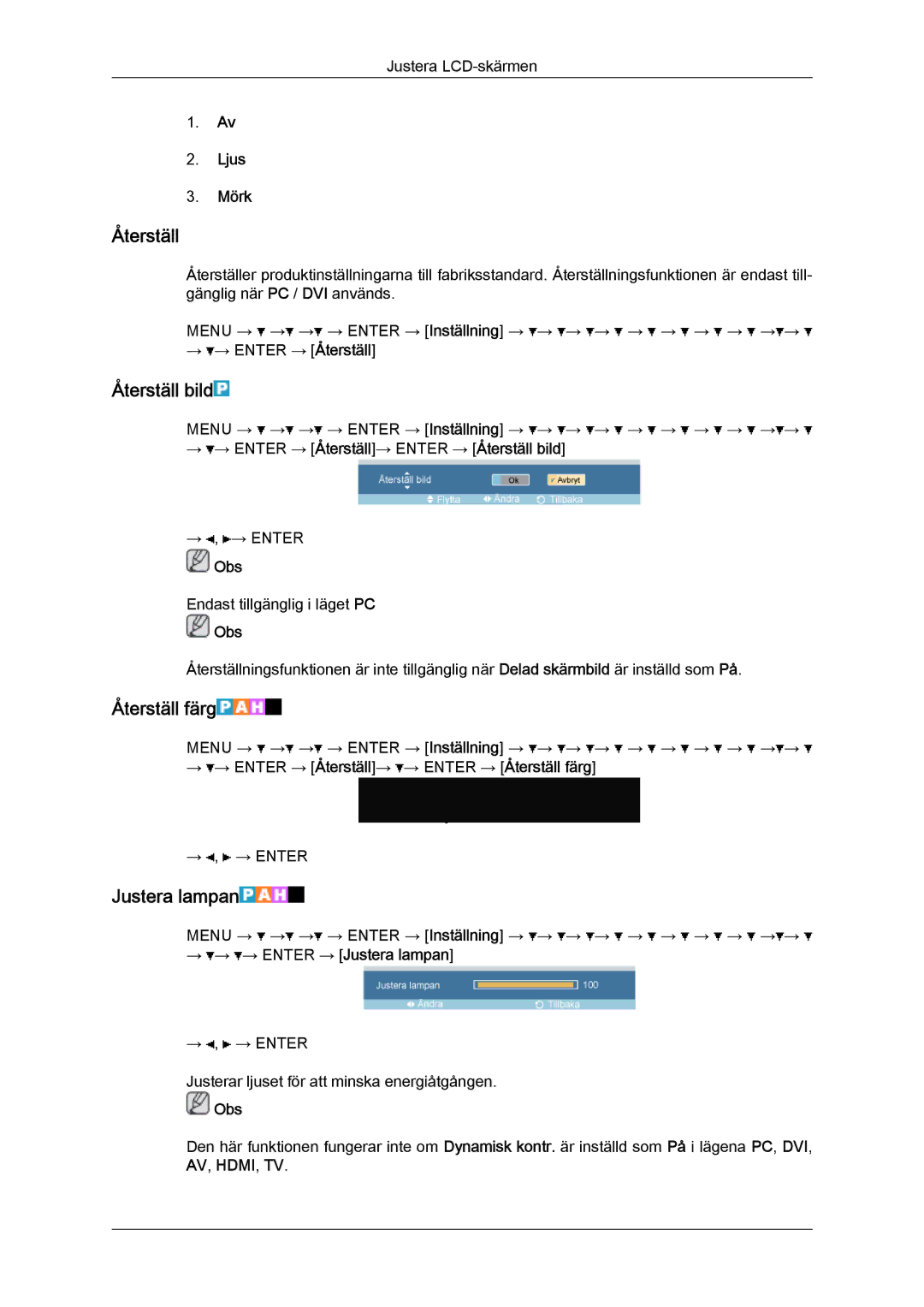 Samsung LH46OUTQGF/EN manual Återställ bild, Återställ färg, Justera lampan, Ljus Mörk 