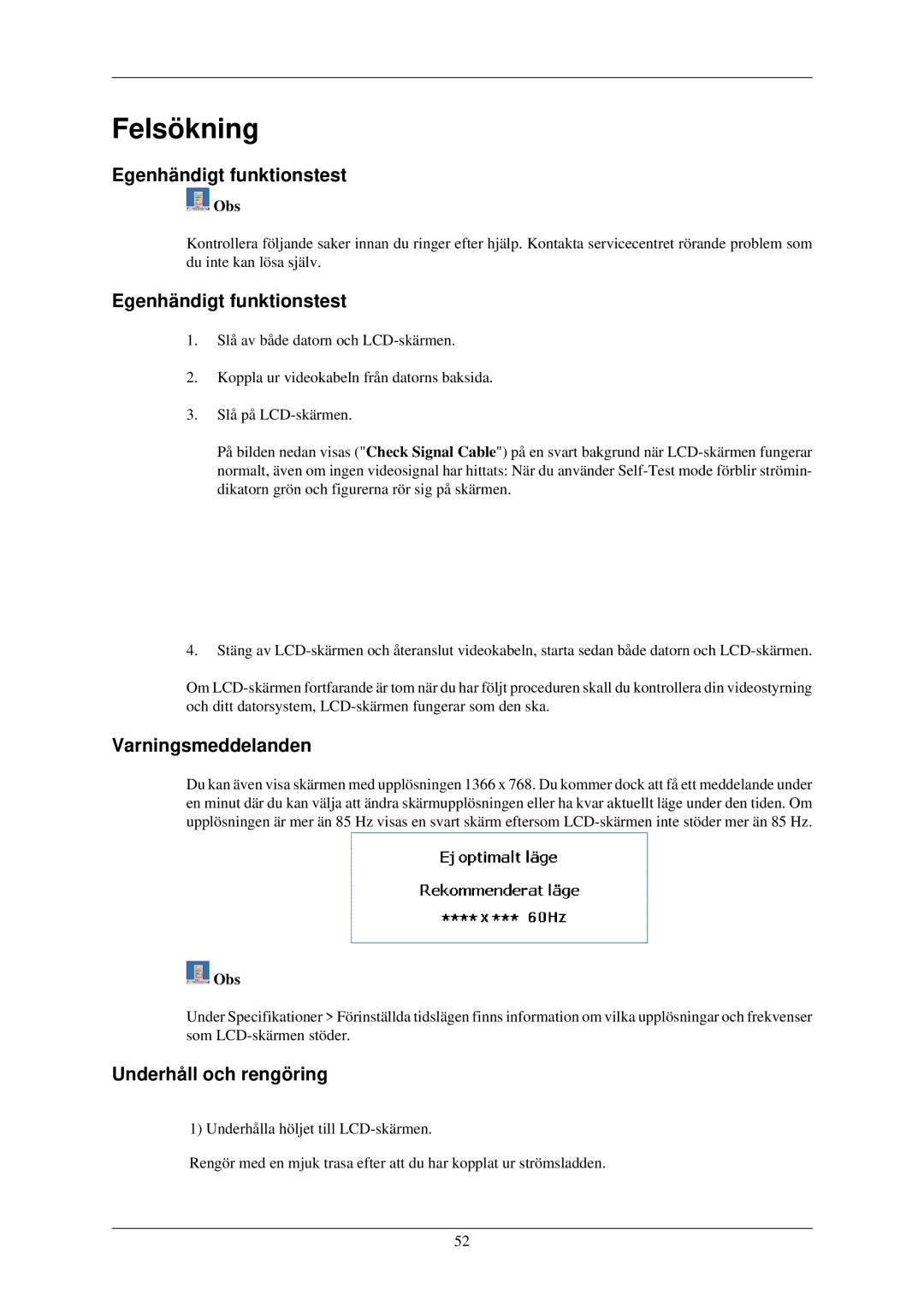 Samsung LH46OUTQGF/EN manual Egenhändigt funktionstest, Varningsmeddelanden, Underhåll och rengöring 