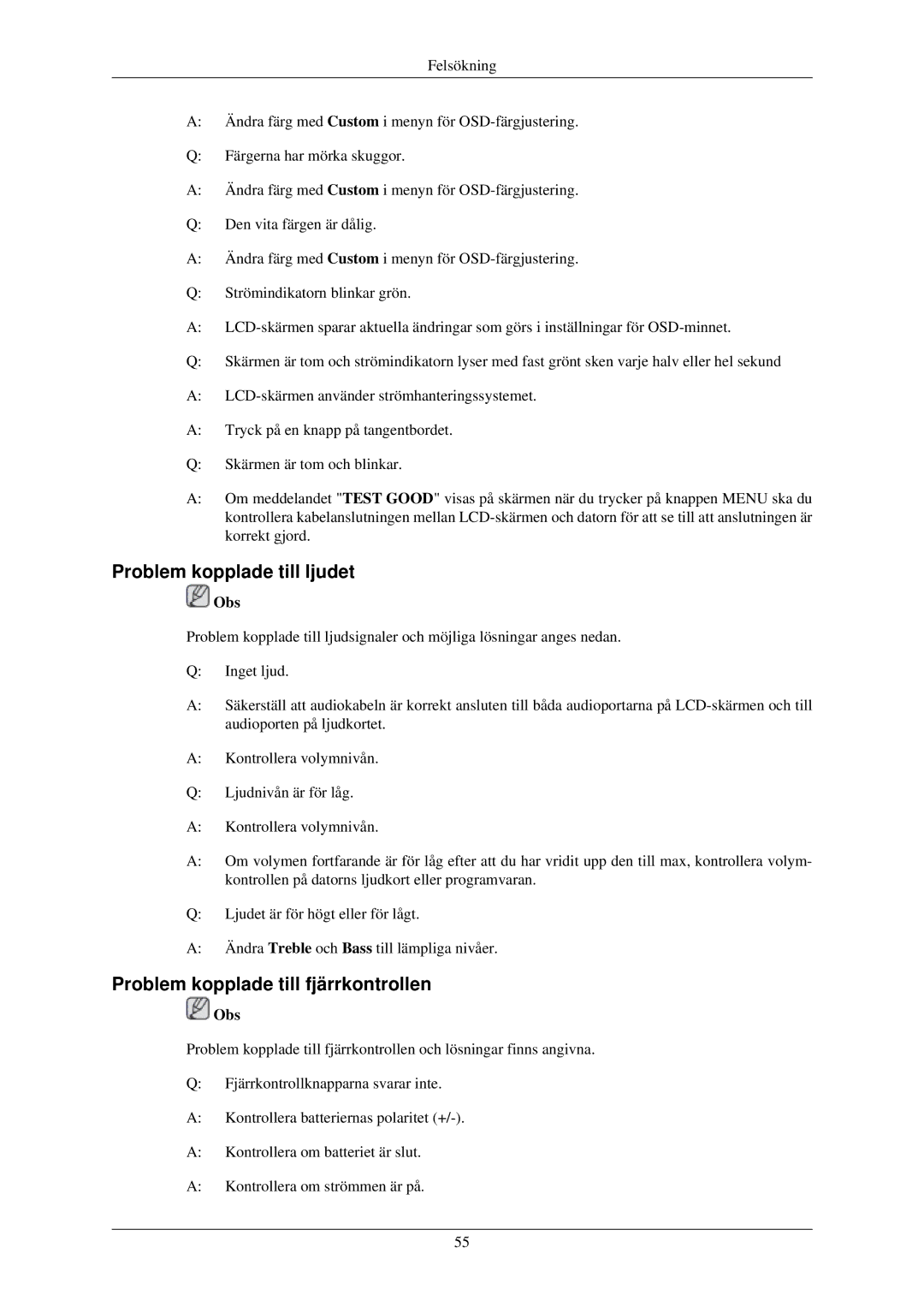 Samsung LH46OUTQGF/EN manual Problem kopplade till ljudet, Problem kopplade till fjärrkontrollen 