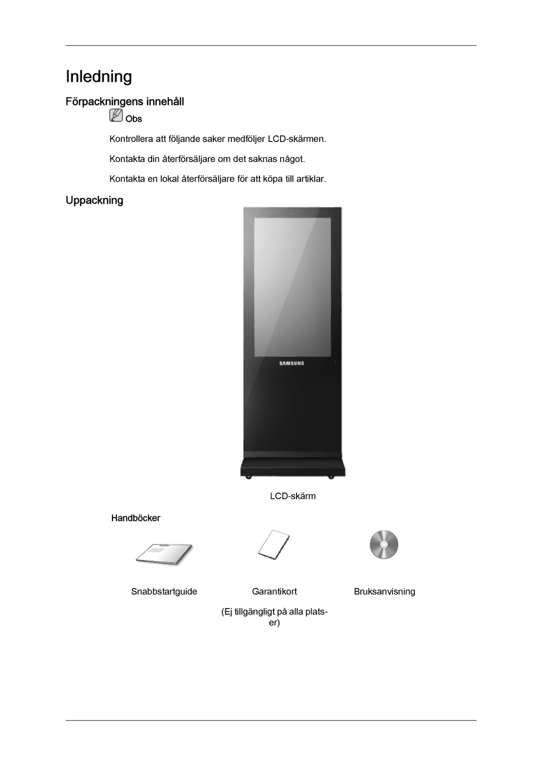 Samsung LH46OUTQGF/EN manual Förpackningens innehåll, Uppackning, Handböcker 