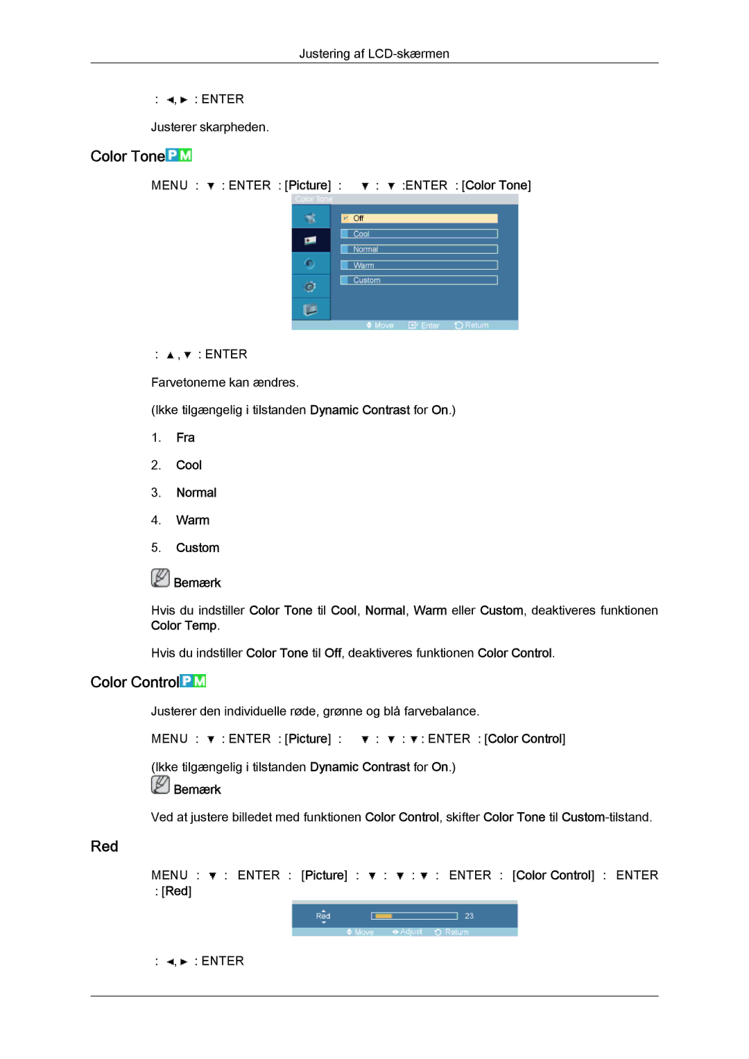 Samsung LH46OUTQGF/EN manual Color Tone, Color Control, Fra Cool Normal Warm Custom Bemærk, → Red 
