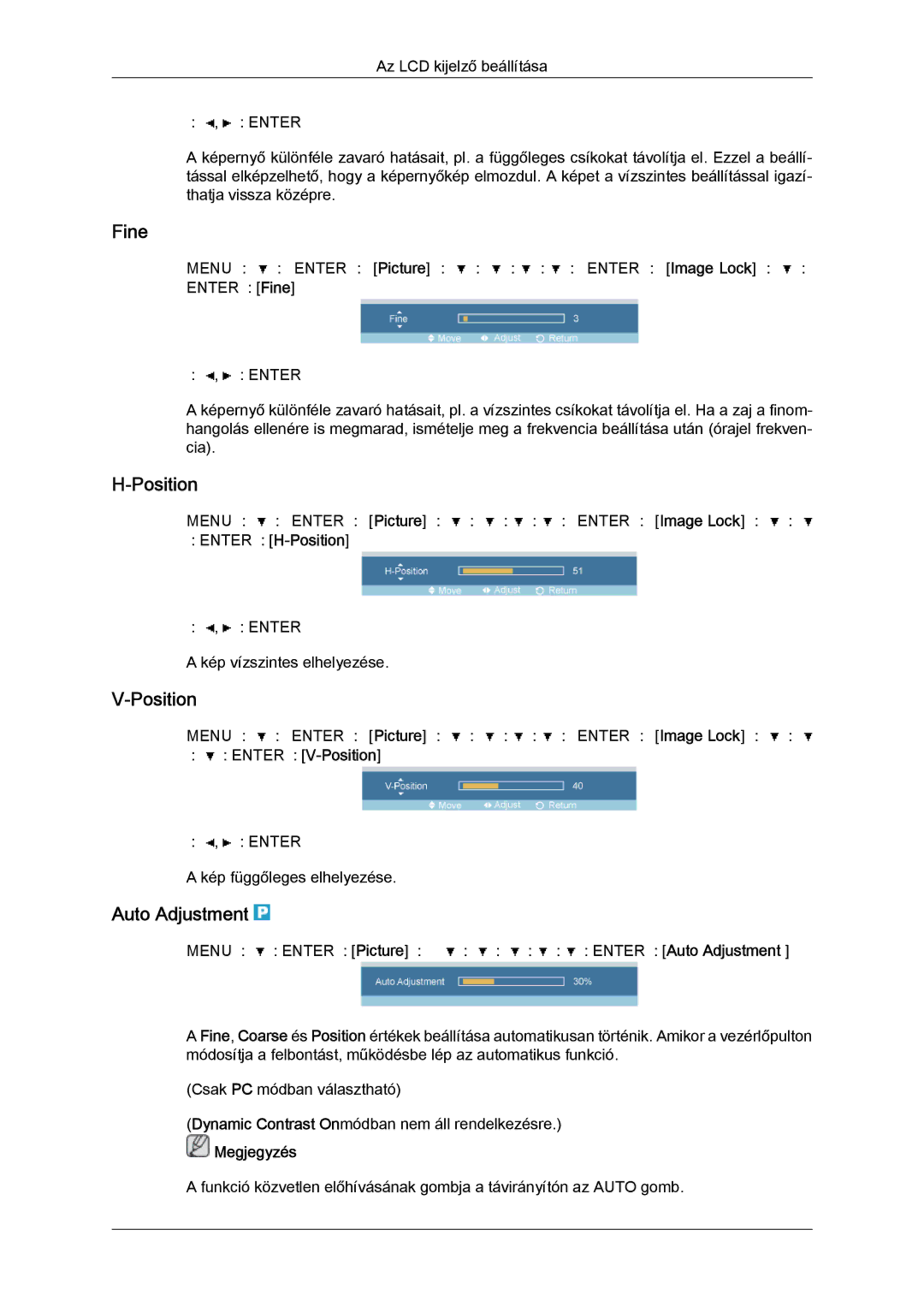 Samsung LH46OUTQGF/EN manual Fine, Auto Adjustment, → Enter → H-Position, → → Enter → V-Position 