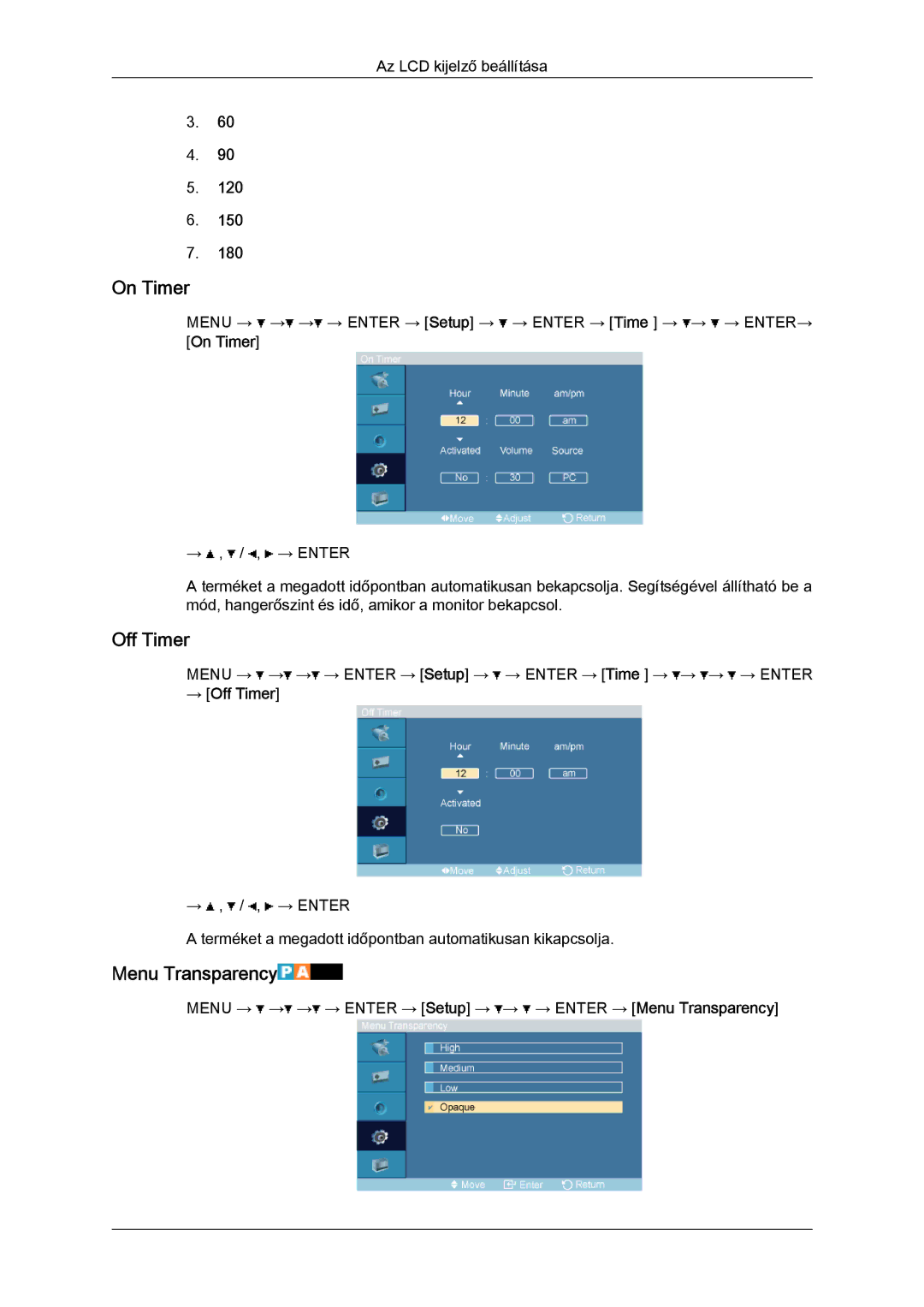 Samsung LH46OUTQGF/EN manual On Timer, Menu Transparency, → Off Timer 