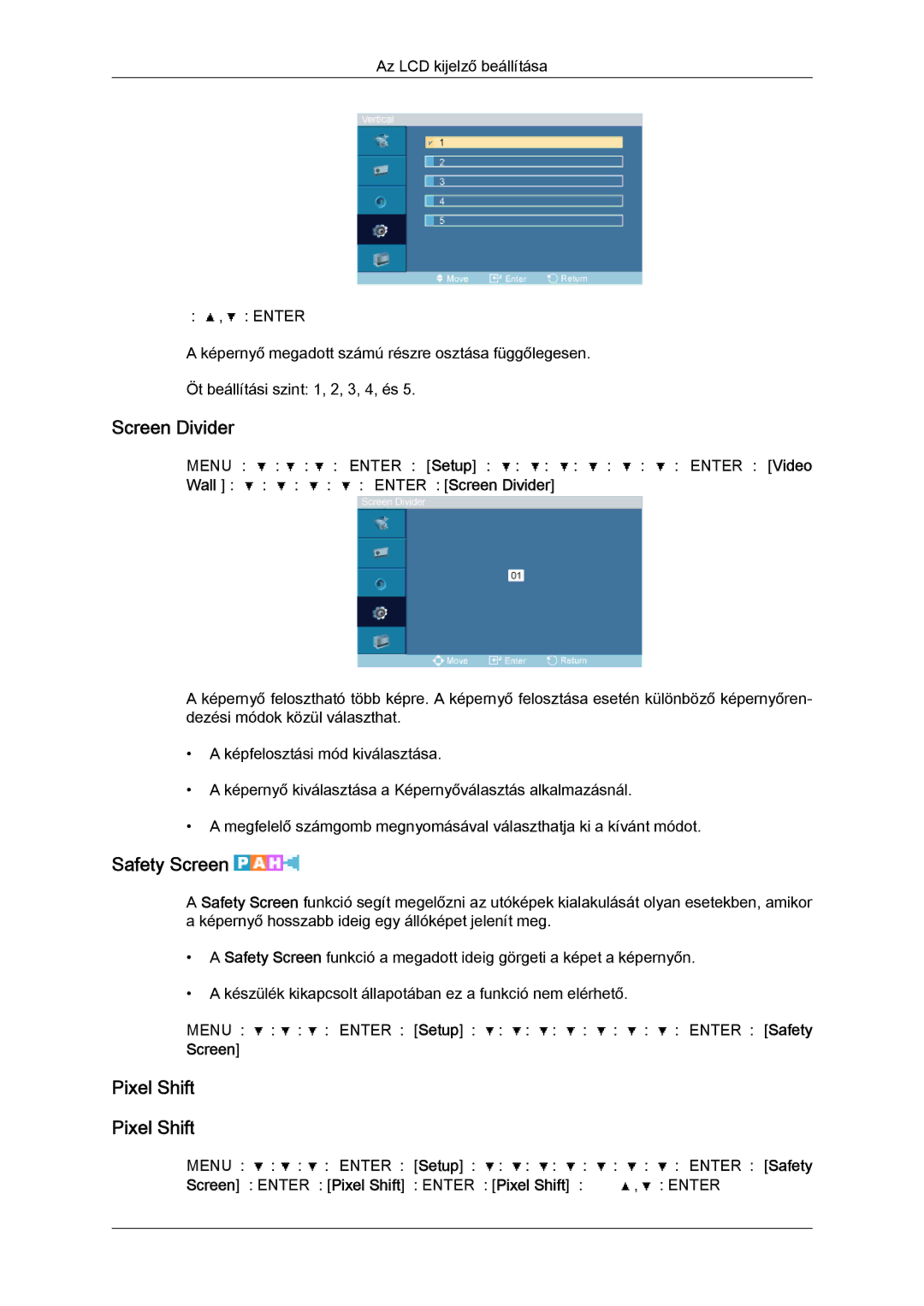 Samsung LH46OUTQGF/EN manual Screen Divider, Safety Screen, Pixel Shift 