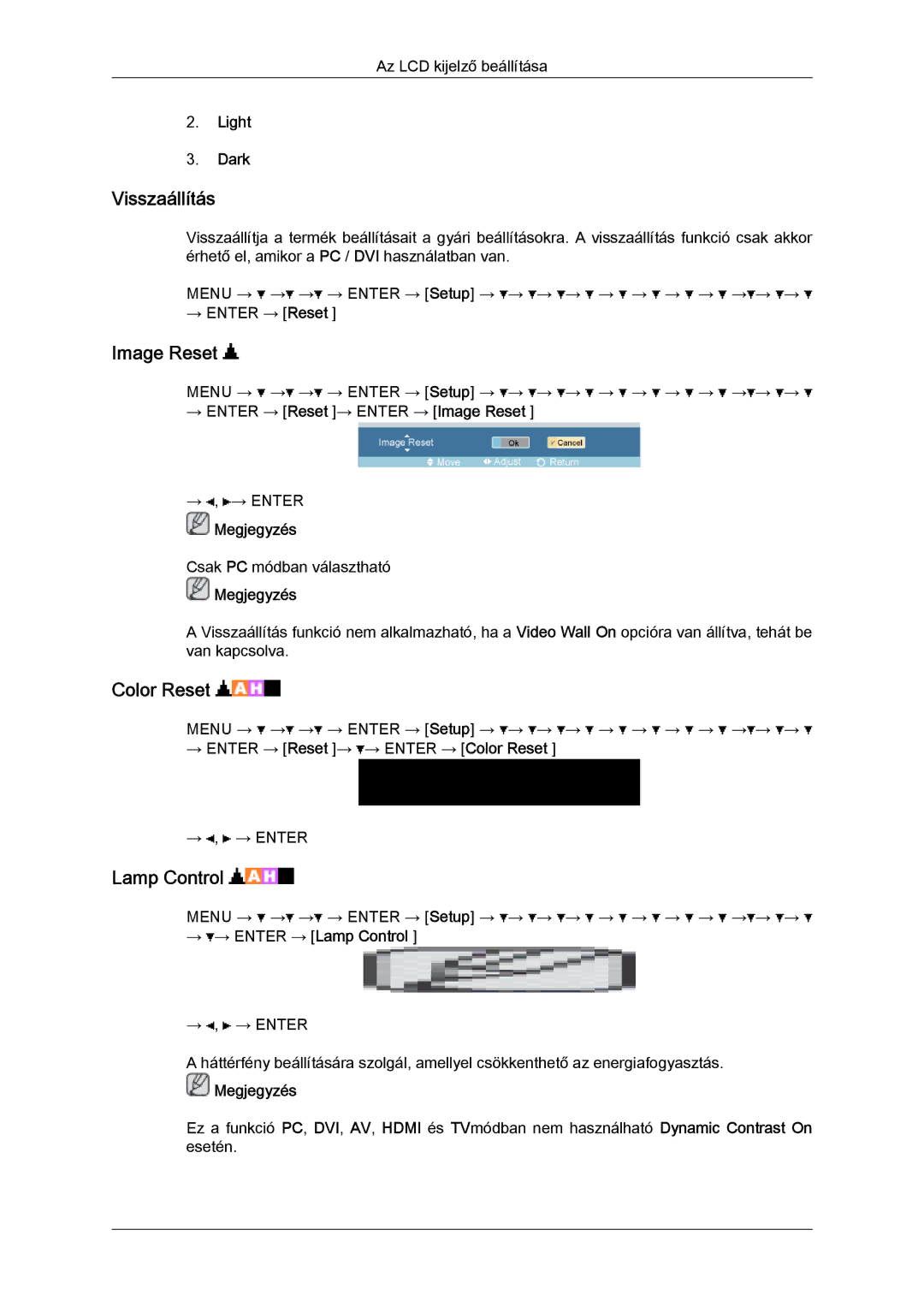 Samsung LH46OUTQGF/EN manual Visszaállítás, Image Reset, Color Reset, Lamp Control 