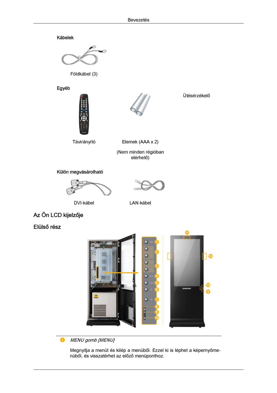 Samsung LH46OUTQGF/EN manual Az Ön LCD kijelzője Elülső rész, Kábelek, Egyéb, Külön megvásárolható, Menu gomb Menu 