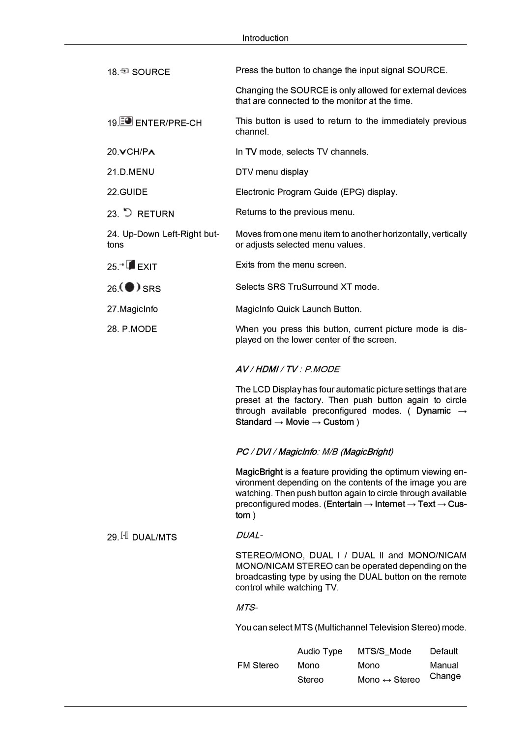 Samsung LH46OUTQGF/EN, LH46OUTQGW/EN, LH46OUTQGW/ZA manual AV / Hdmi / TV P.MODE, Dual, Mts 