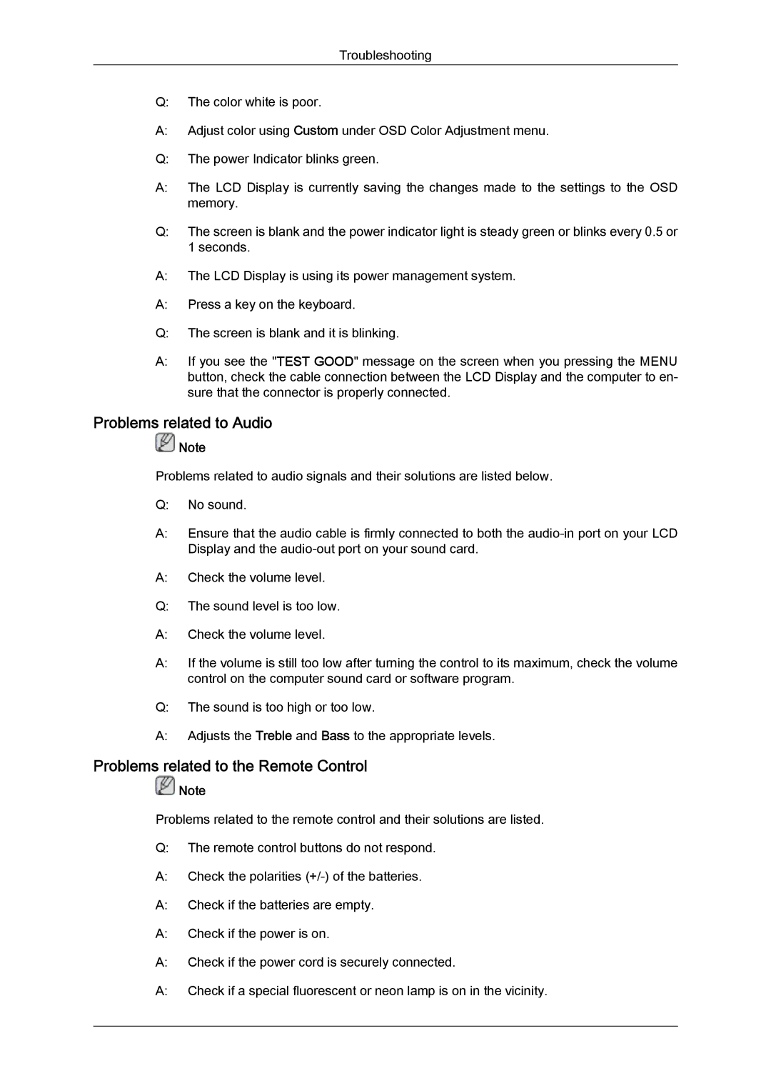 Samsung LH46OUTQGW/EN, LH46OUTQGF/EN, LH46OUTQGW/ZA manual Problems related to Audio, Problems related to the Remote Control 