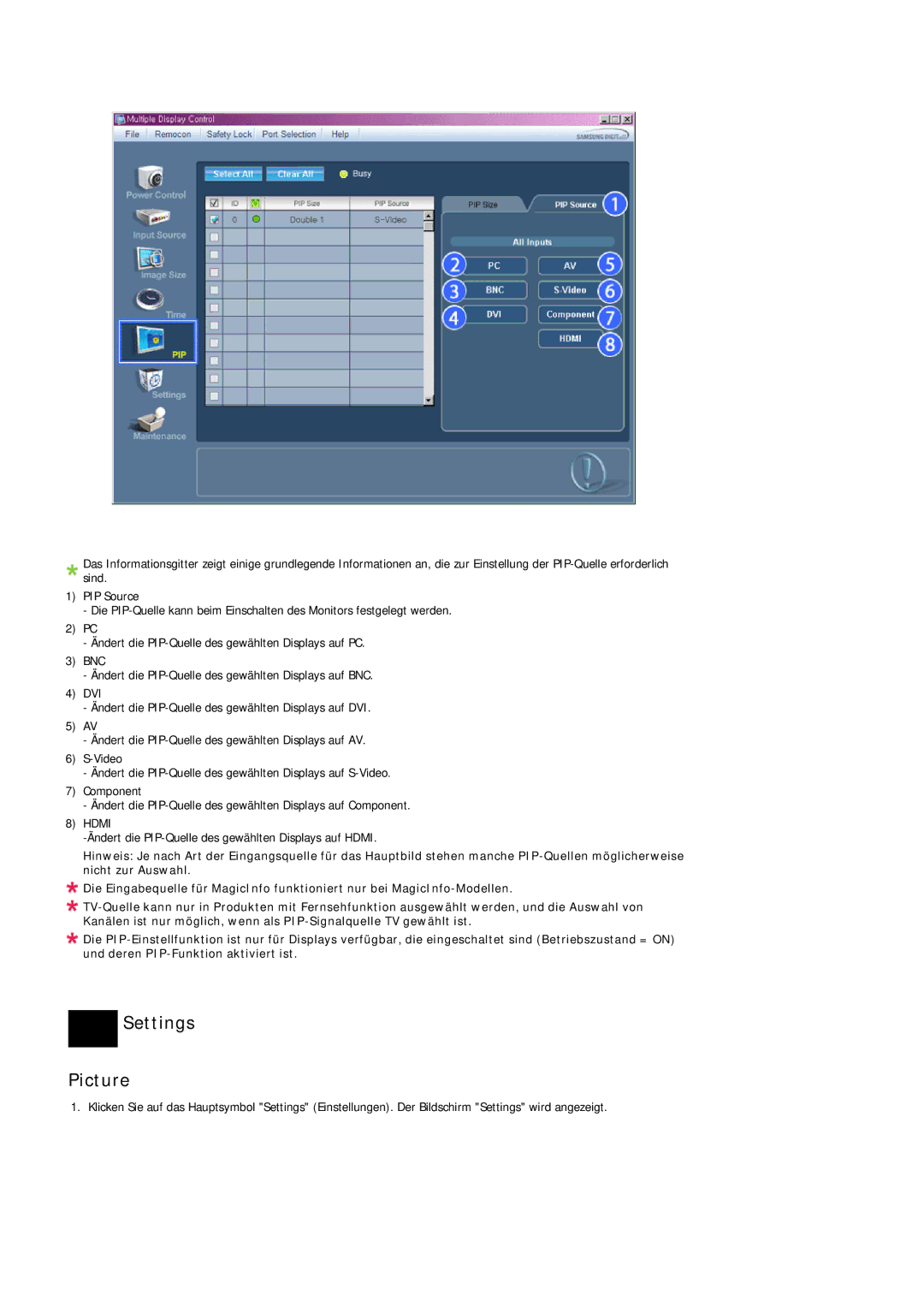 Samsung LH46OUTQGW/EN, LH46OUTQGF/EN manual Settings Picture 