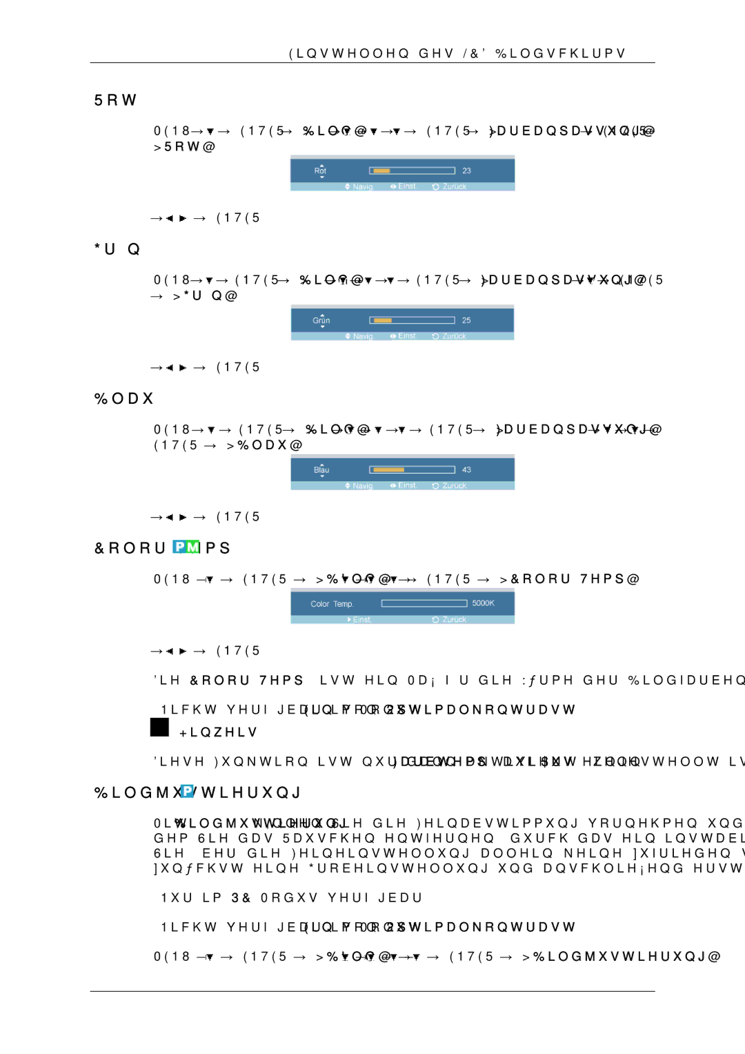 Samsung LH46OUTQGF/EN, LH46OUTQGW/EN manual Rot, Grün, Blau, Color Temp, Bildjustierung 