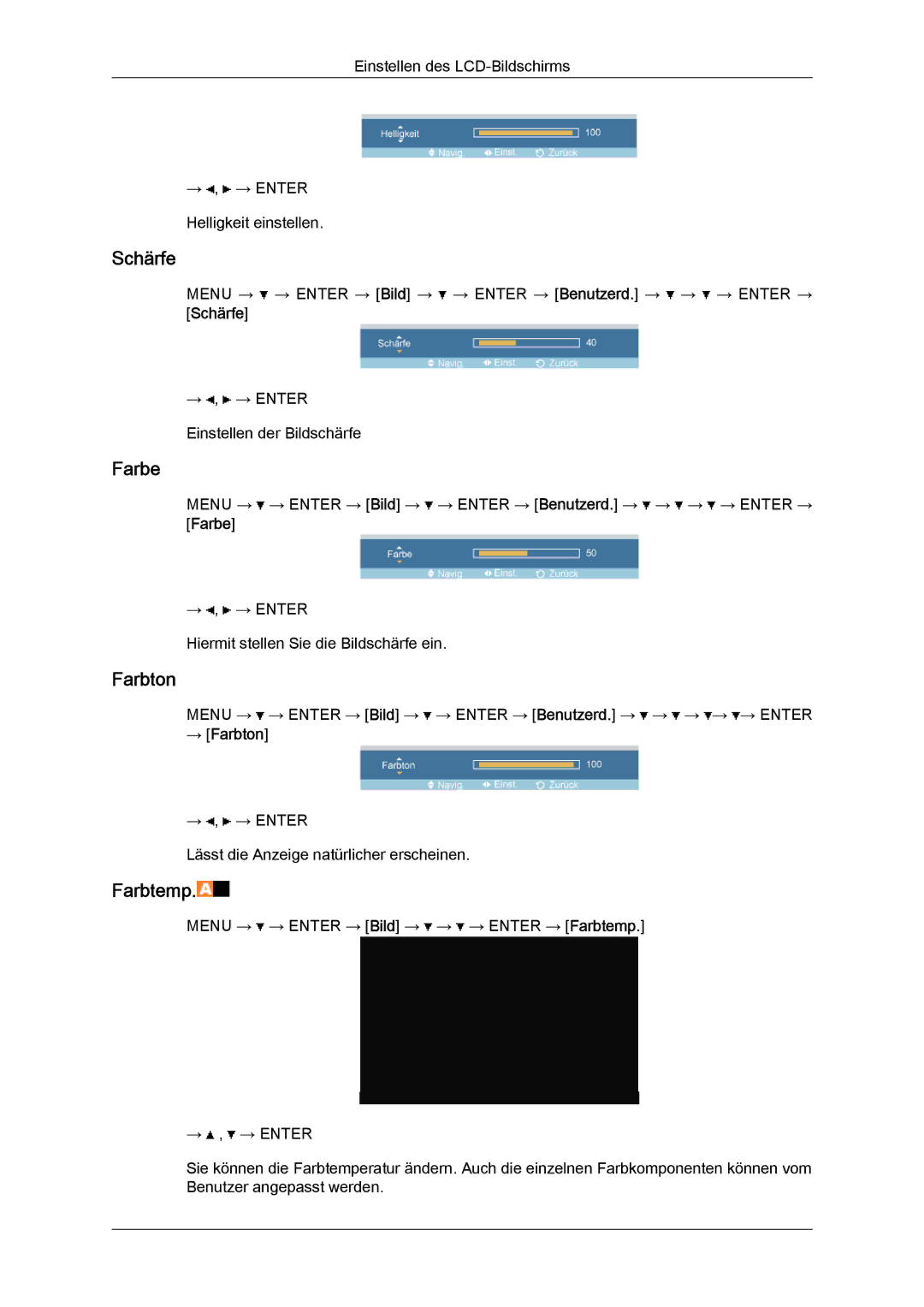 Samsung LH46OUTQGF/EN, LH46OUTQGW/EN manual Farbe, → Farbton 