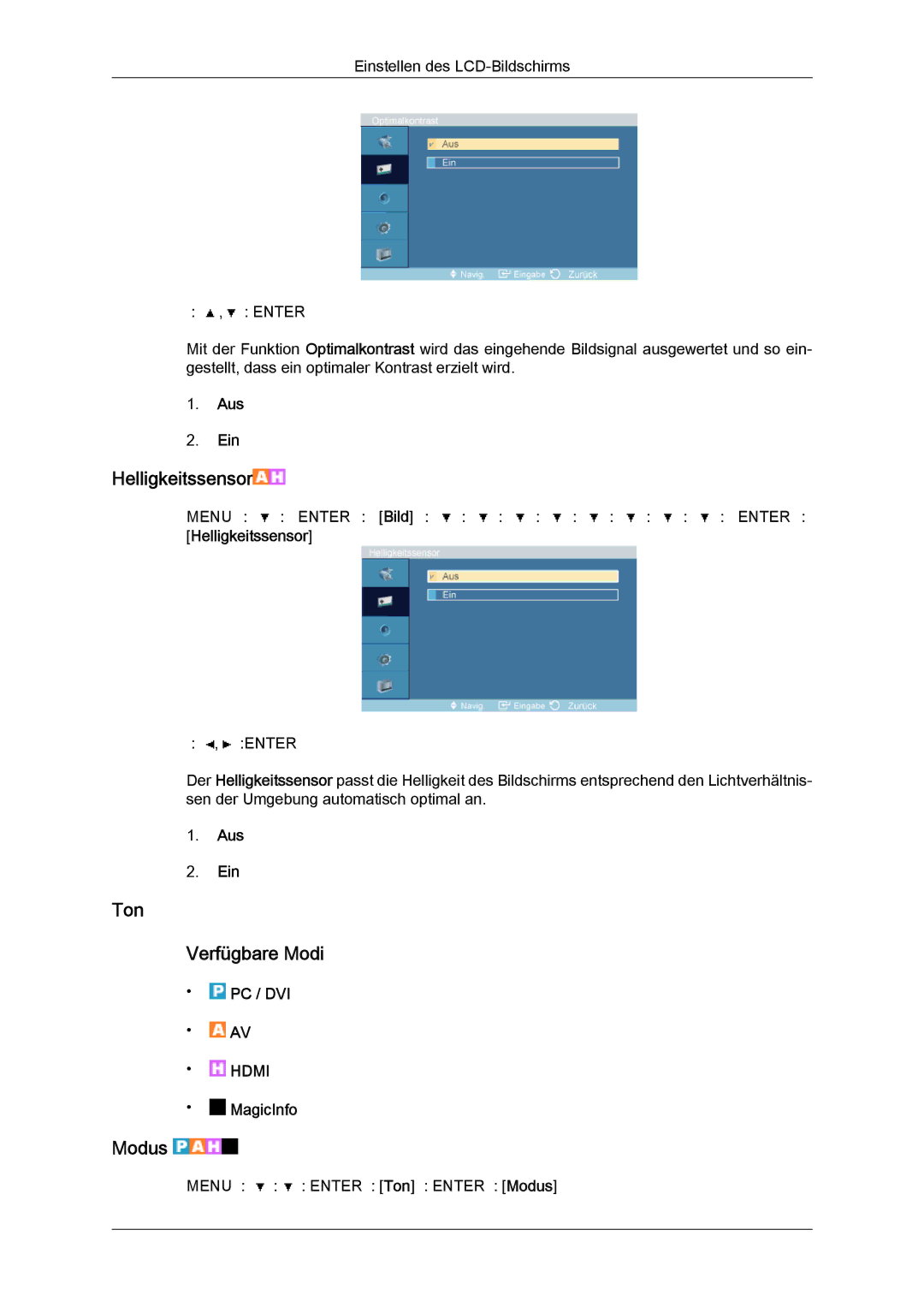 Samsung LH46OUTQGW/EN, LH46OUTQGF/EN manual Helligkeitssensor, Ton Verfügbare Modi 