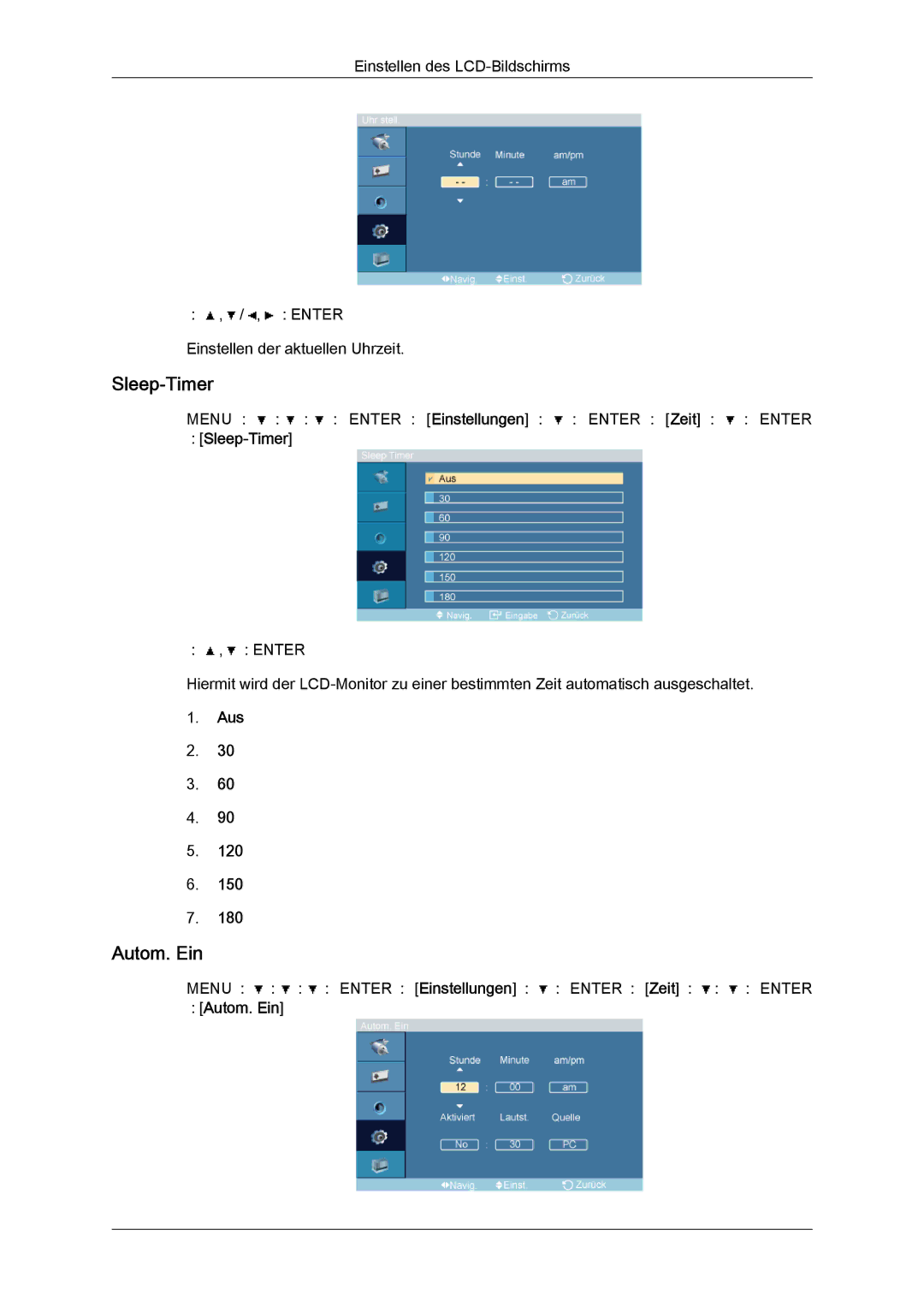 Samsung LH46OUTQGW/EN, LH46OUTQGF/EN manual → Sleep-Timer, Aus, → Autom. Ein 