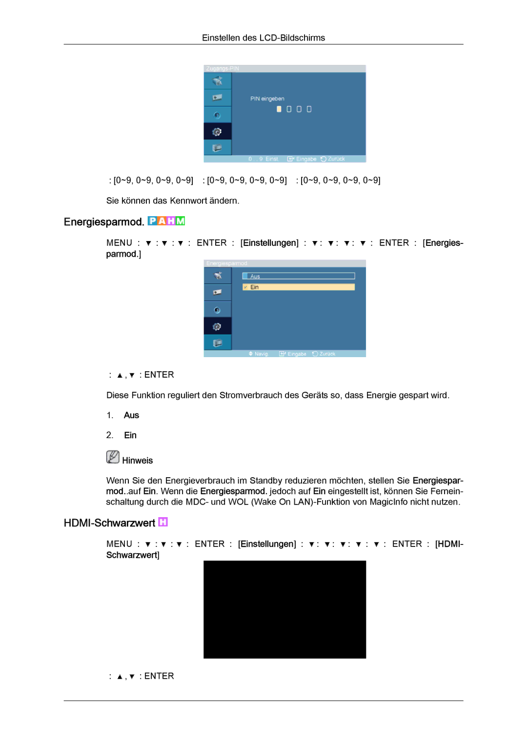 Samsung LH46OUTQGW/EN, LH46OUTQGF/EN manual Energiesparmod, HDMI-Schwarzwert, Parmod 