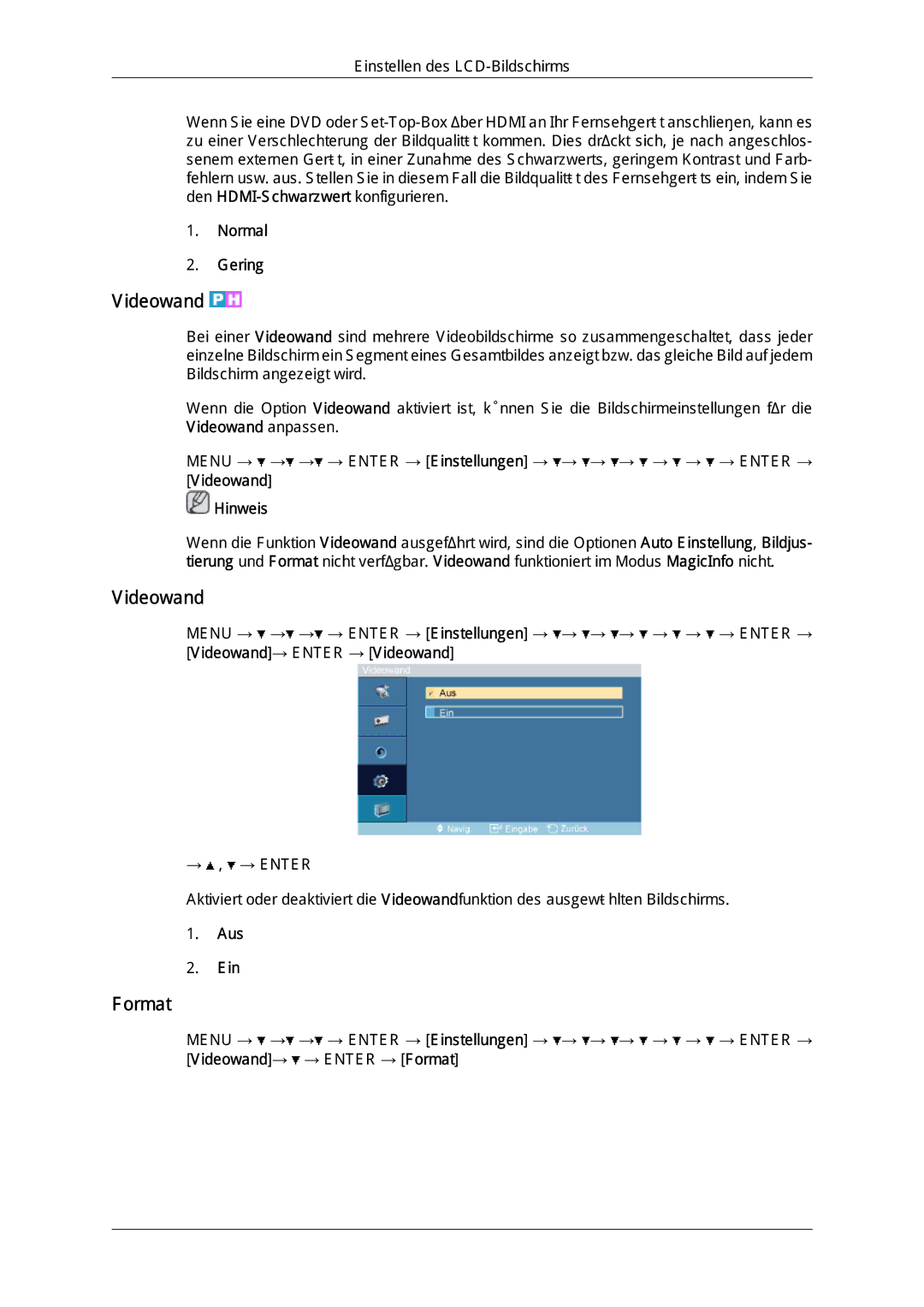 Samsung LH46OUTQGF/EN, LH46OUTQGW/EN manual Normal Gering, Videowand Hinweis, Videowand→ Enter → Videowand 