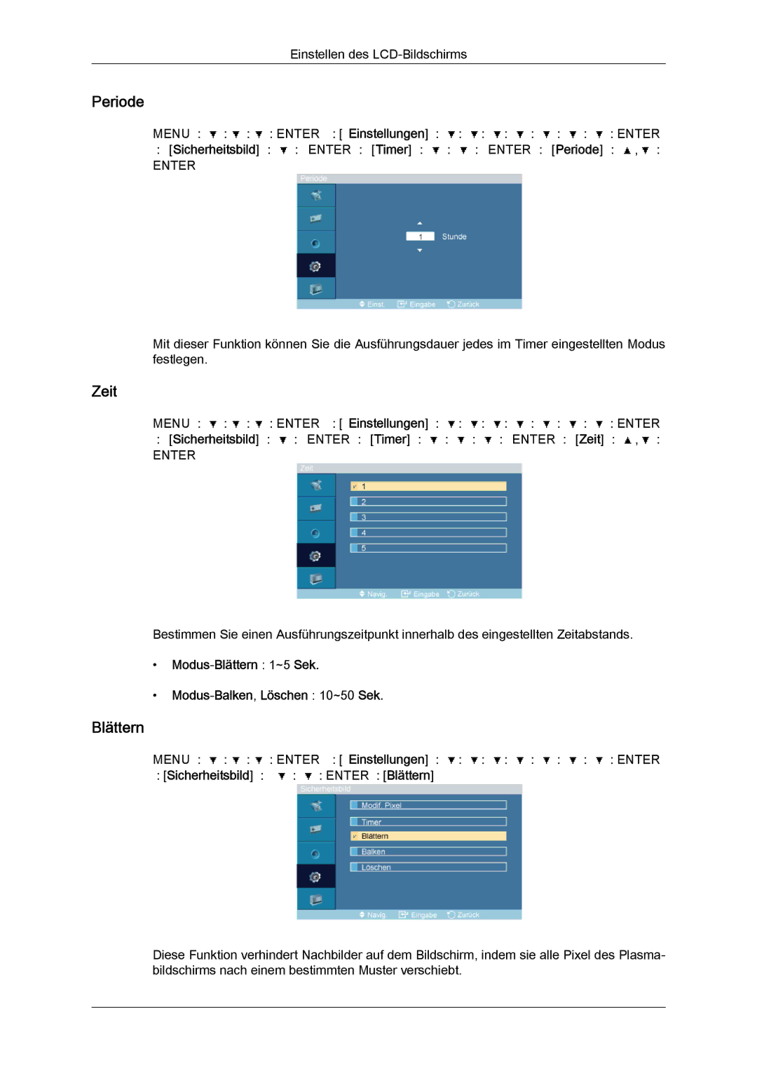 Samsung LH46OUTQGW/EN, LH46OUTQGF/EN manual Periode, Modus-Blättern 1~5 Sek Modus-Balken,Löschen 10~50 Sek 