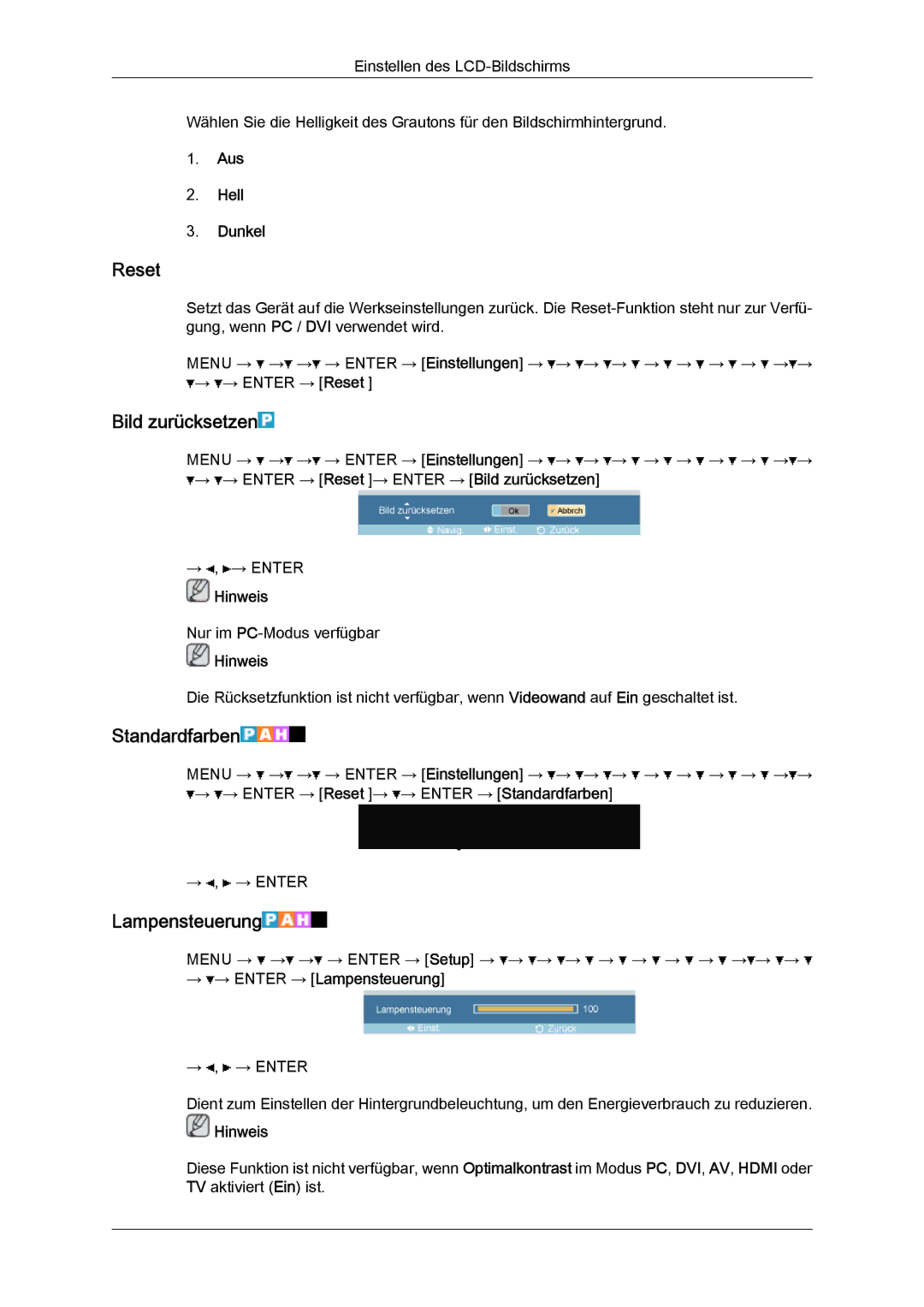 Samsung LH46OUTQGF/EN, LH46OUTQGW/EN manual Reset, Bild zurücksetzen, Standardfarben, Lampensteuerung 