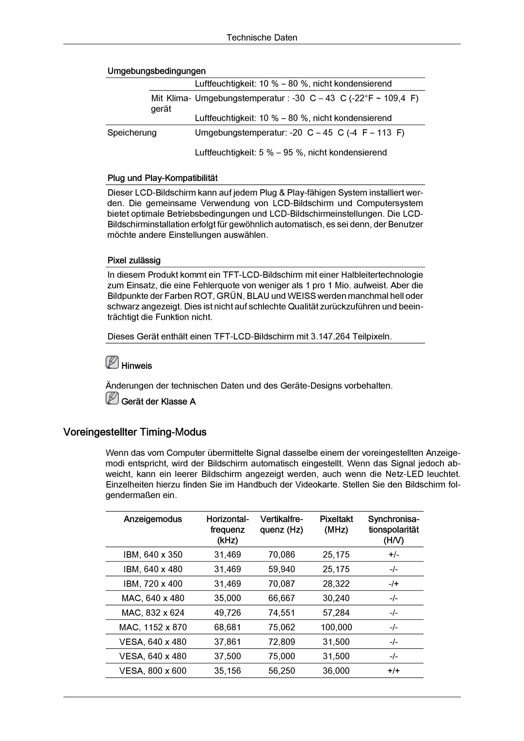 Samsung LH46OUTQGF/EN, LH46OUTQGW/EN manual Voreingestellter Timing-Modus 