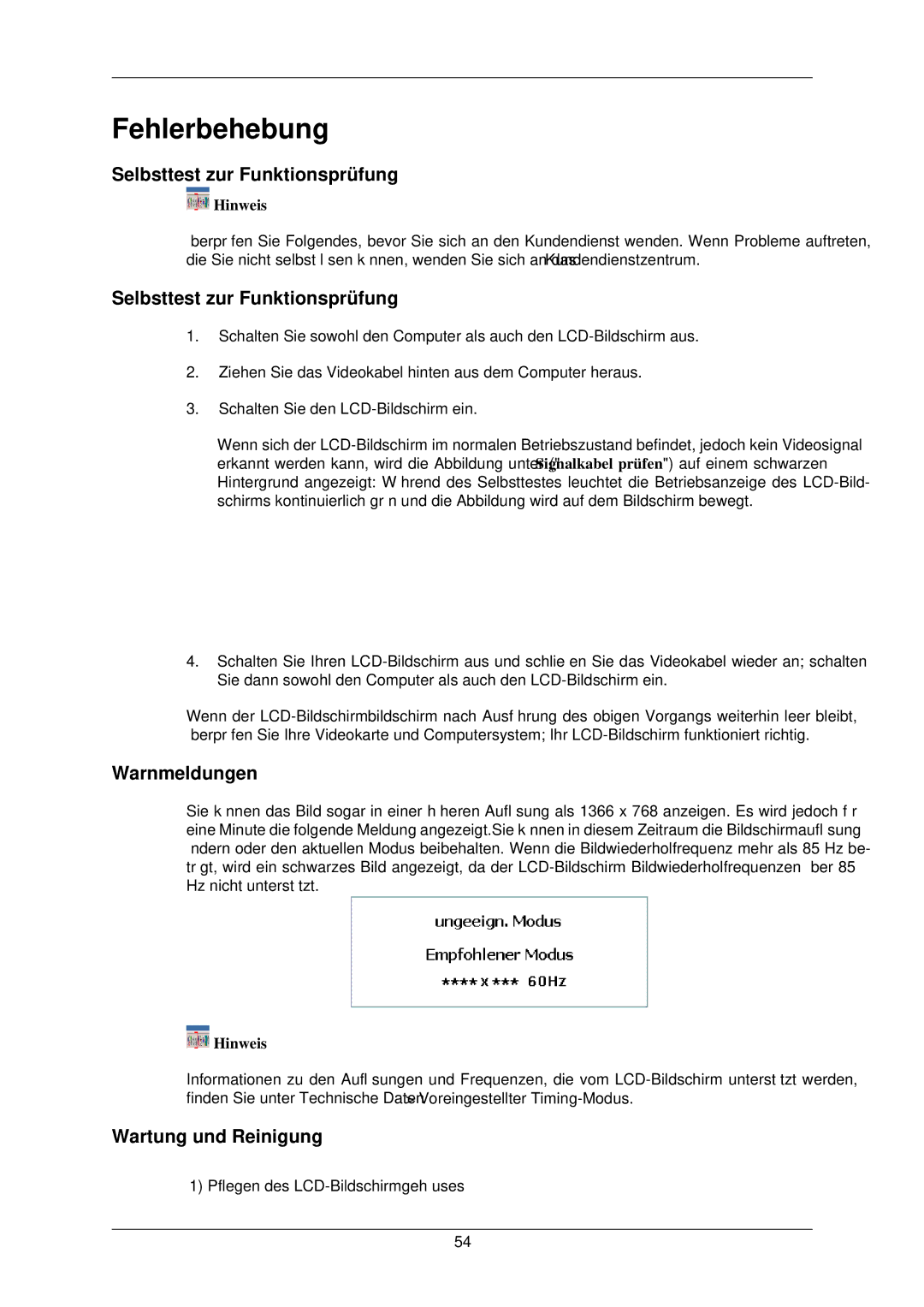 Samsung LH46OUTQGF/EN, LH46OUTQGW/EN manual Selbsttest zur Funktionsprüfung, Warnmeldungen, Wartung und Reinigung 