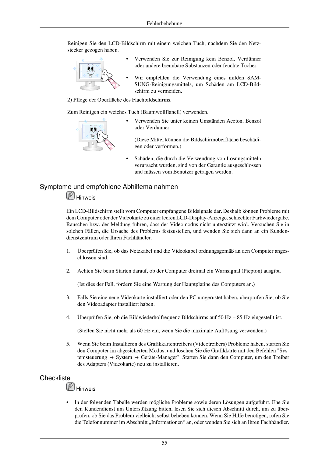 Samsung LH46OUTQGW/EN, LH46OUTQGF/EN manual Symptome und empfohlene Abhilfemaßnahmen, Checkliste 