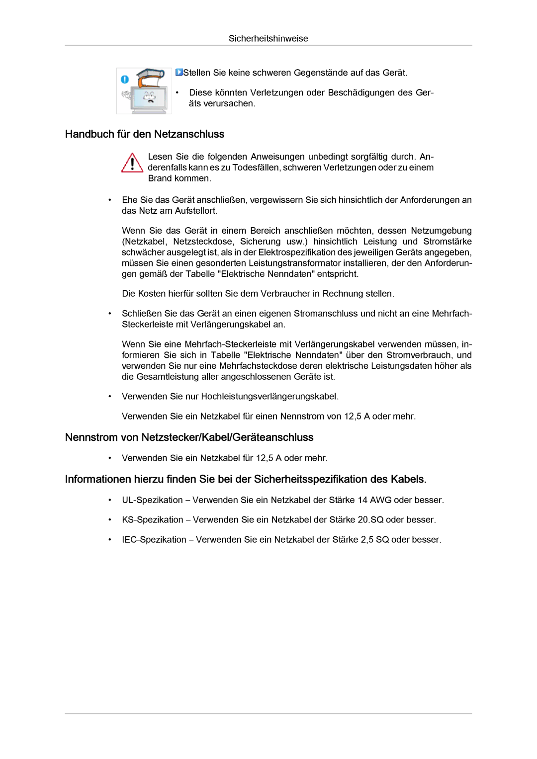 Samsung LH46OUTQGW/EN, LH46OUTQGF/EN manual Handbuch für den Netzanschluss, Nennstrom von Netzstecker/Kabel/Geräteanschluss 