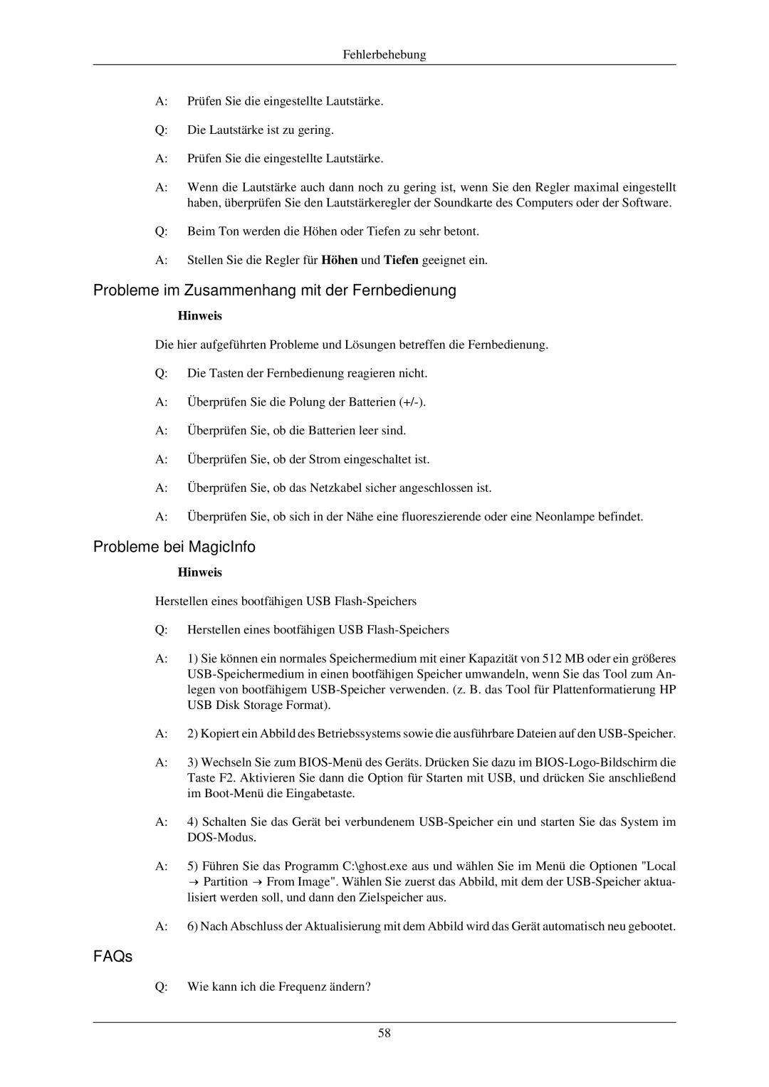 Samsung LH46OUTQGF/EN, LH46OUTQGW/EN manual Probleme im Zusammenhang mit der Fernbedienung, Probleme bei MagicInfo, FAQs 