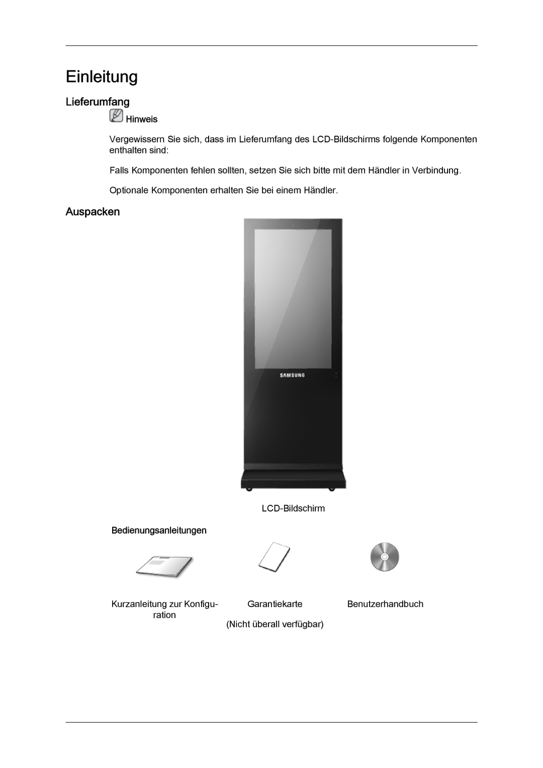 Samsung LH46OUTQGF/EN, LH46OUTQGW/EN manual Lieferumfang, Auspacken, Bedienungsanleitungen 