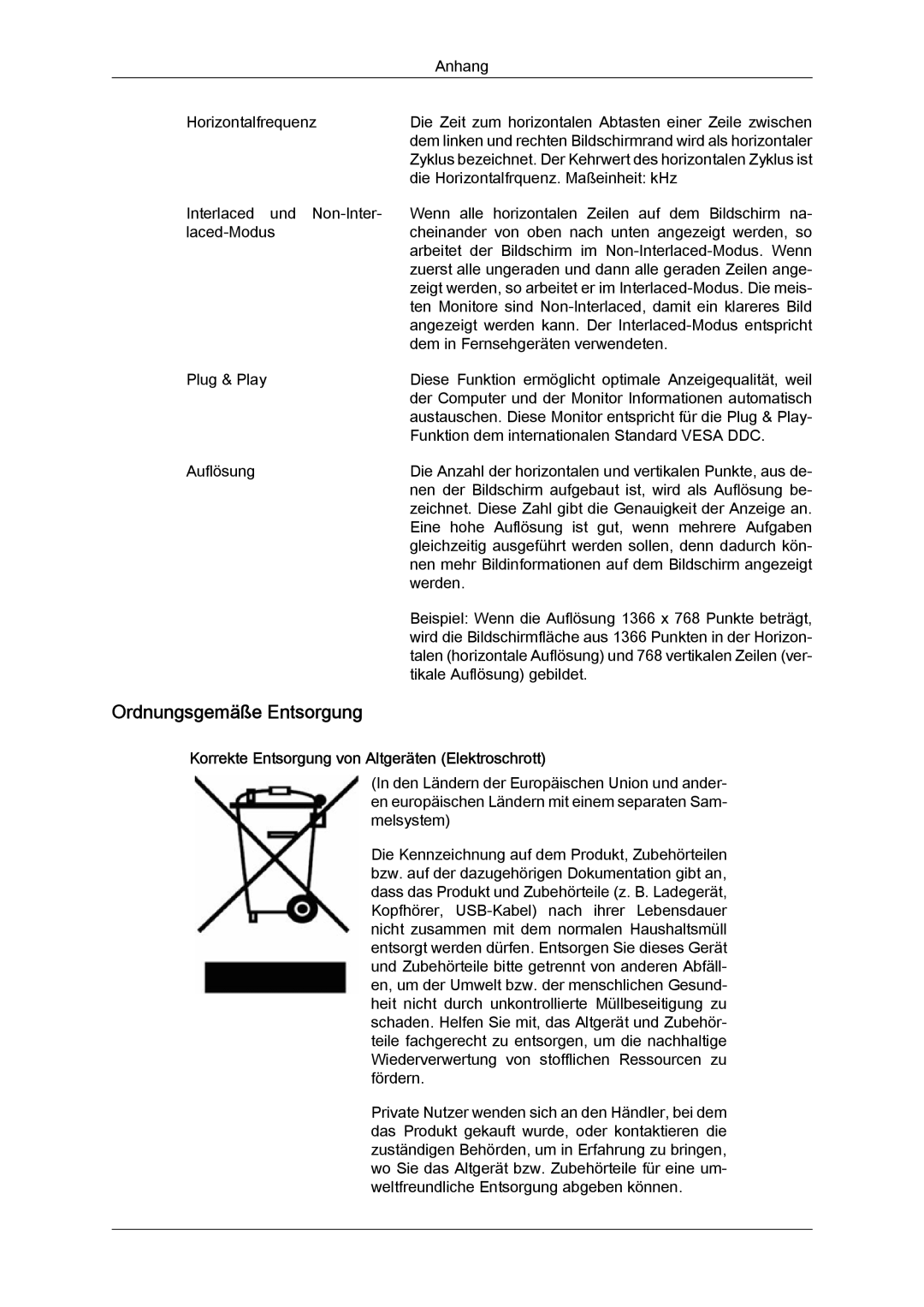 Samsung LH46OUTQGF/EN, LH46OUTQGW/EN manual Ordnungsgemäße Entsorgung, Korrekte Entsorgung von Altgeräten Elektroschrott 