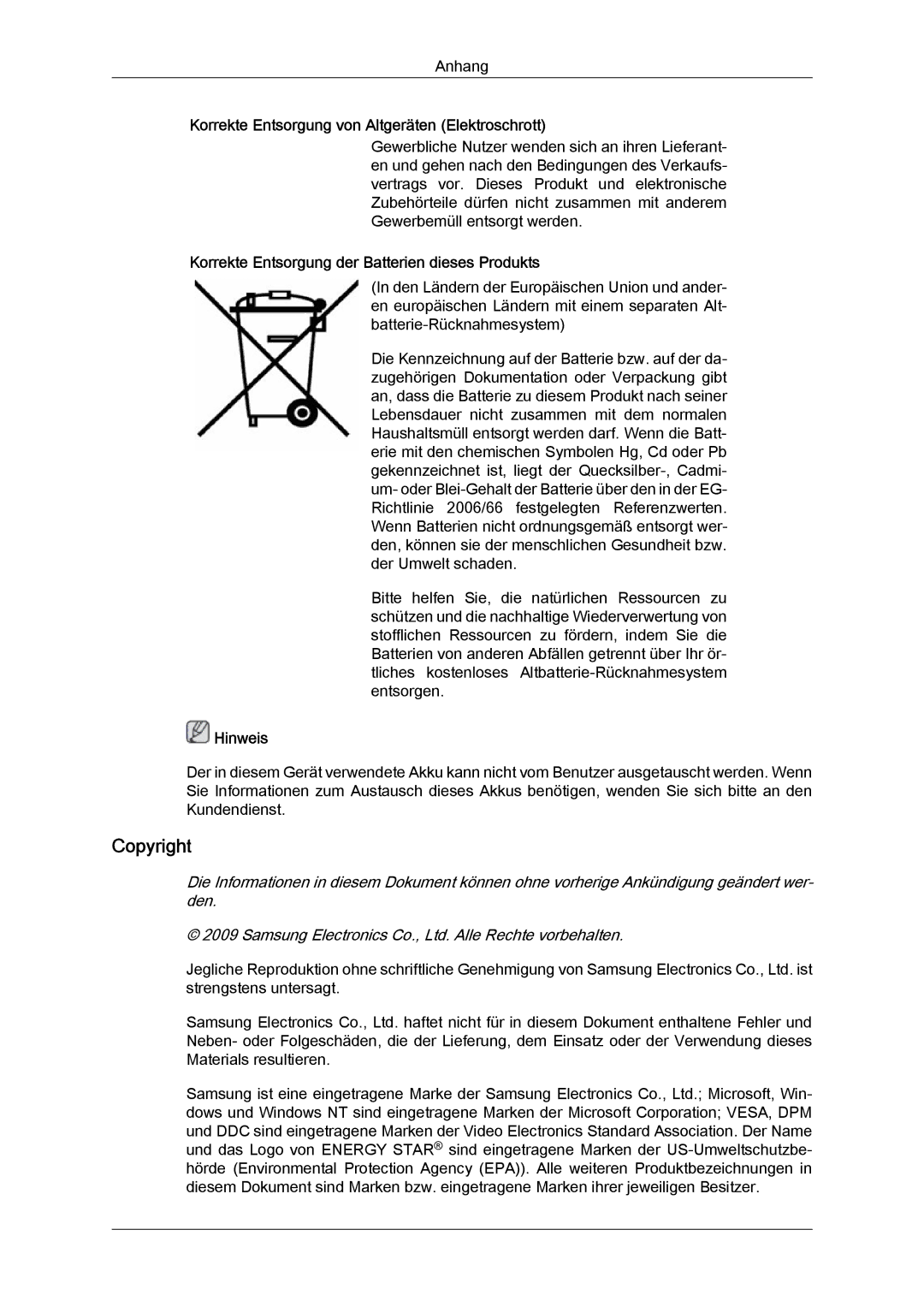 Samsung LH46OUTQGW/EN, LH46OUTQGF/EN manual Copyright, Korrekte Entsorgung der Batterien dieses Produkts 