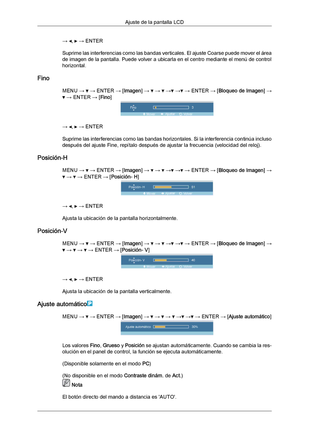 Samsung LH46OUTQGW/EN, LH46OUTQGF/EN manual Fino, Posición-H, Posición-V, Ajuste automático 