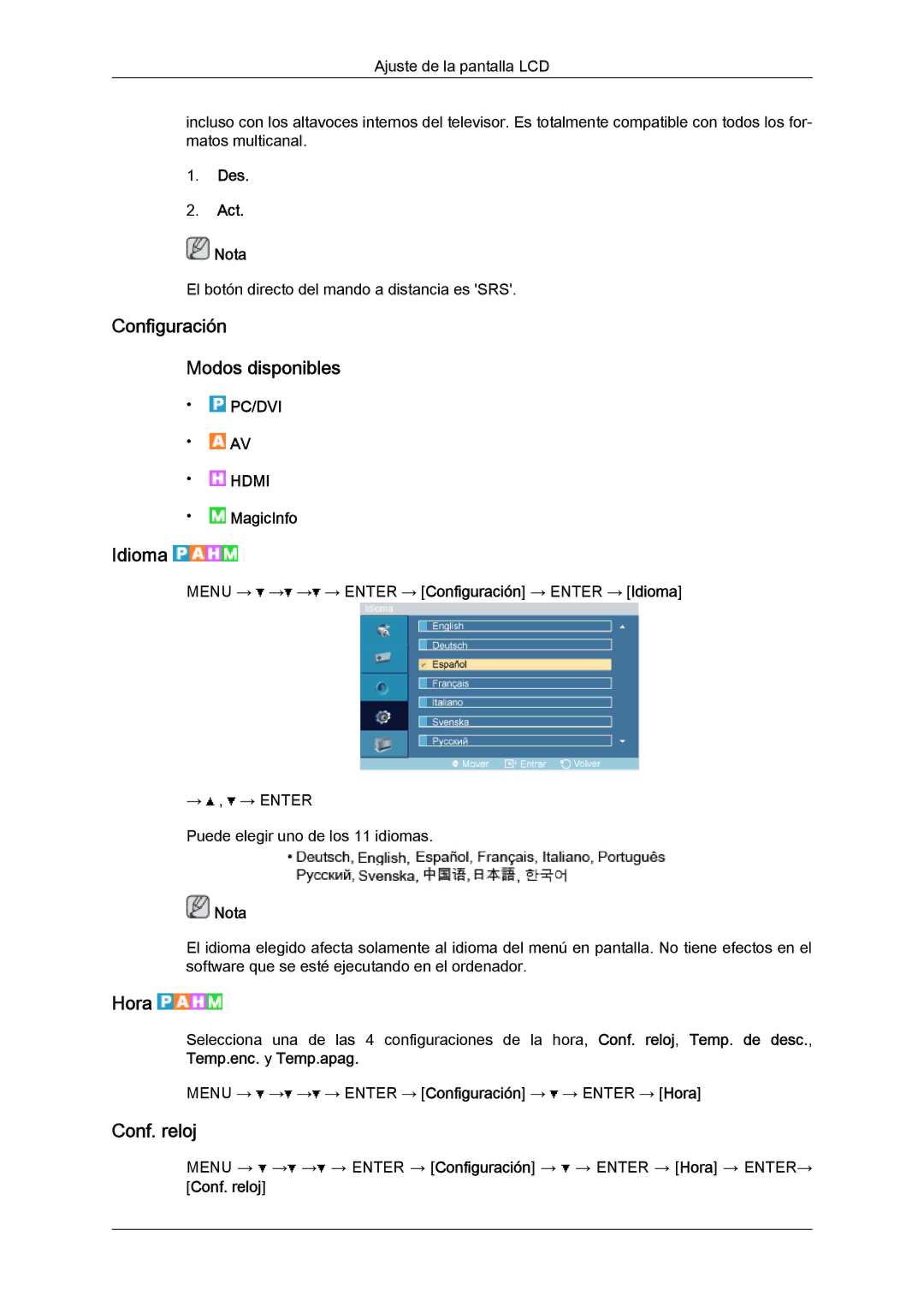 Samsung LH46OUTQGF/EN, LH46OUTQGW/EN manual Configuración Modos disponibles, Idioma, Hora, Conf. reloj, Des Act Nota 