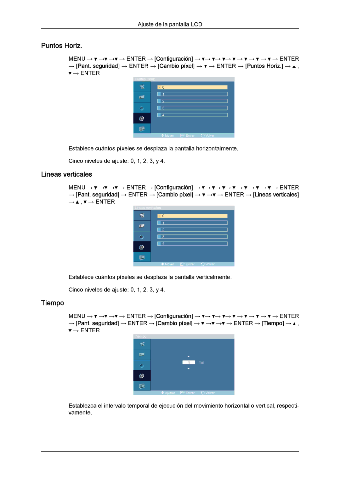 Samsung LH46OUTQGW/EN, LH46OUTQGF/EN manual Lineas verticales, Tiempo, → Enter → Puntos Horiz. → 