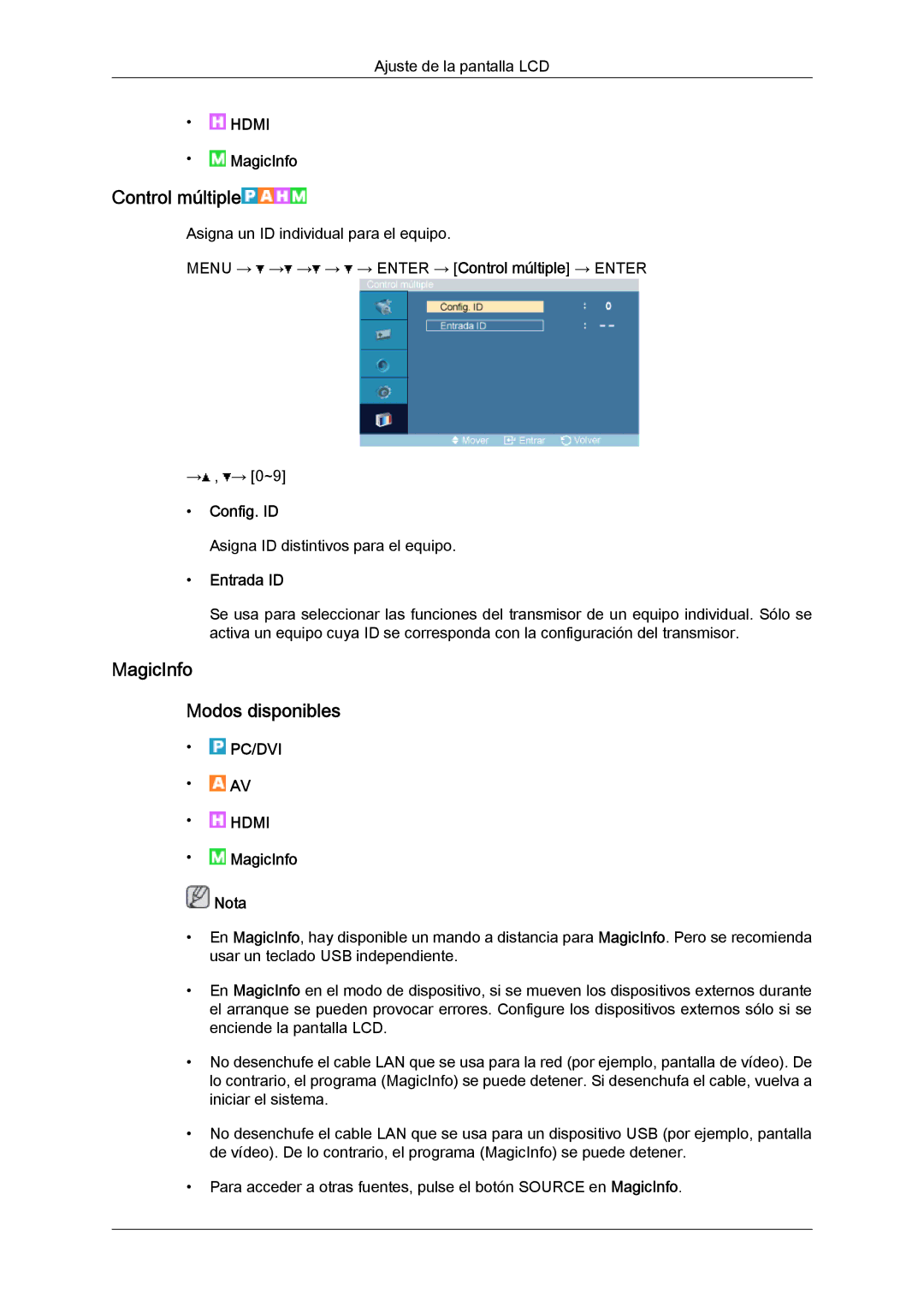 Samsung LH46OUTQGW/EN, LH46OUTQGF/EN manual Control múltiple, MagicInfo Modos disponibles, Config. ID, Entrada ID 