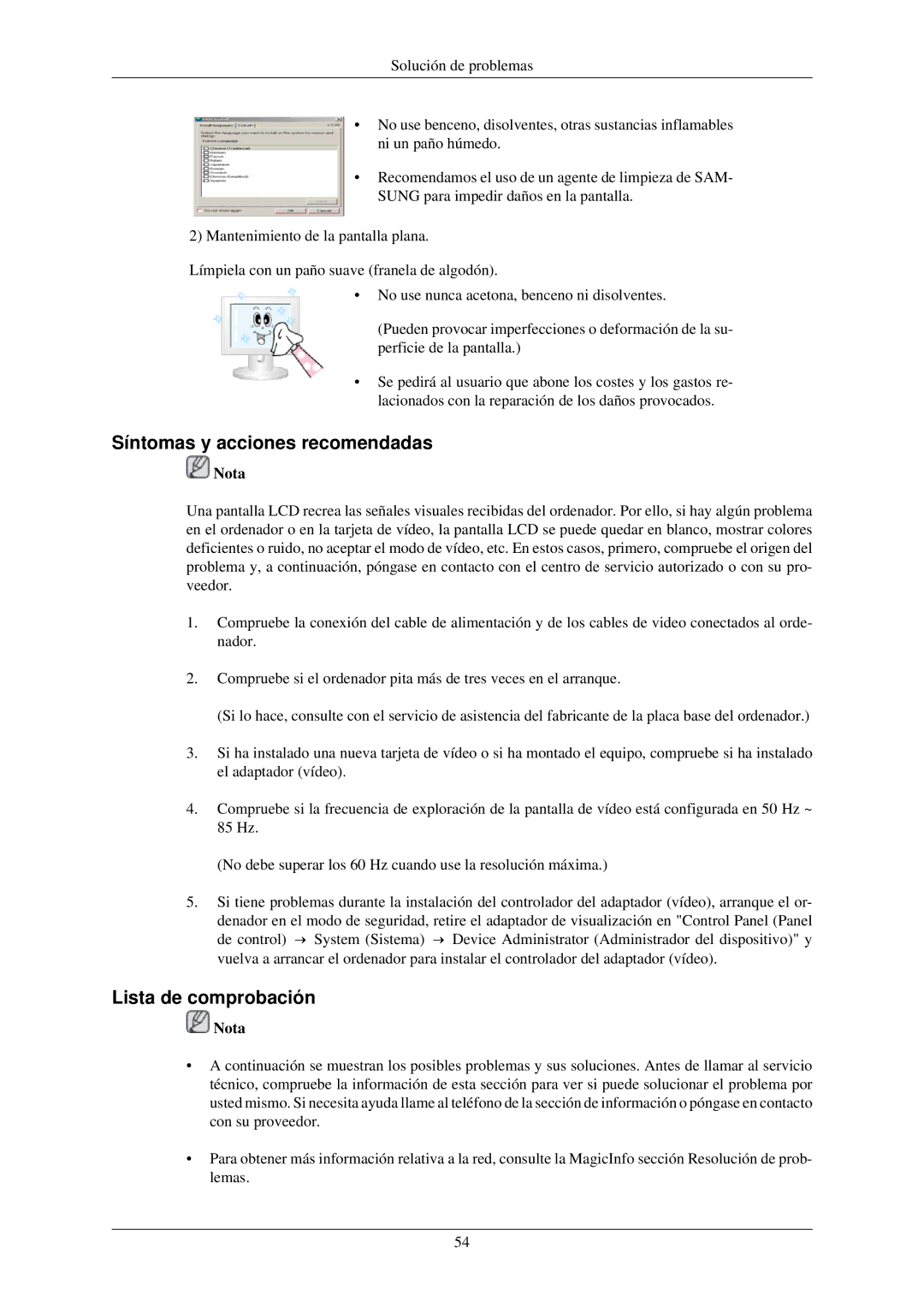 Samsung LH46OUTQGW/EN, LH46OUTQGF/EN manual Síntomas y acciones recomendadas, Lista de comprobación 