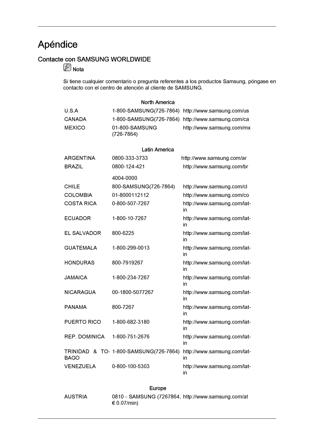 Samsung LH46OUTQGF/EN, LH46OUTQGW/EN manual Contacte con Samsung Worldwide, North America, Latin America, Europe 