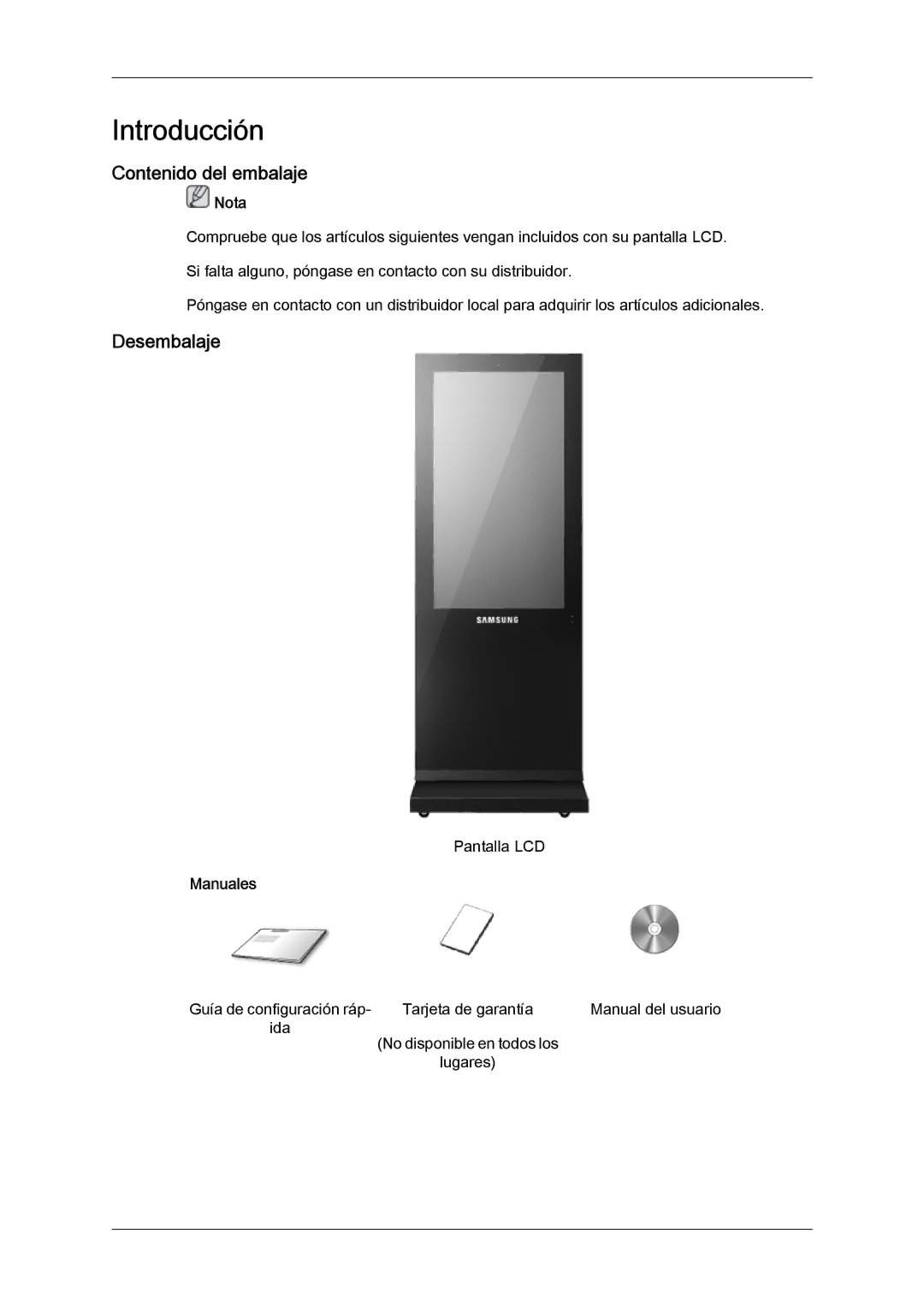 Samsung LH46OUTQGF/EN, LH46OUTQGW/EN manual Contenido del embalaje, Desembalaje, Manuales 