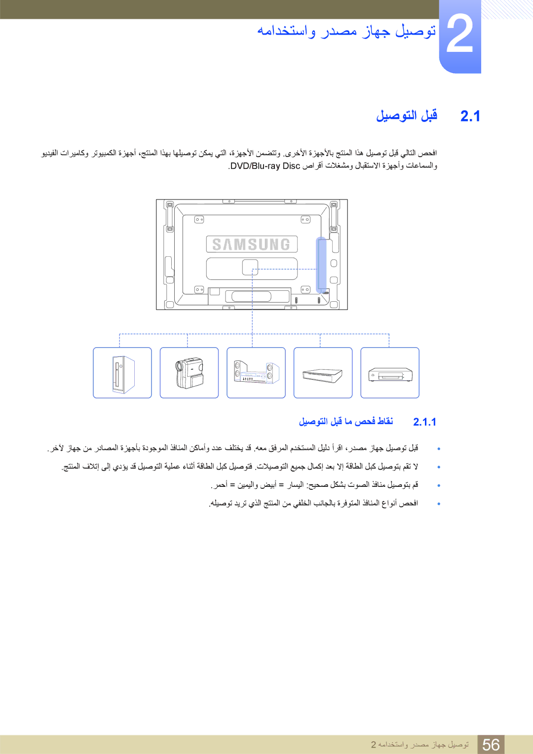 Samsung LH46SLBPLBC/NG, LH46SLBPLBC/EN manual ﻪﻣﺍﺪﺨﺘﺳﺍﻭ ﺭﺪﺼﻣ ﺯﺎﻬﺟ ﻞﻴﺻﻮﺗ, ﻞﻴﺻﻮﺘﻟﺍ ﻞﺒﻗ ﺎﻣ ﺺﺤﻓ ﻁﺎﻘﻧ 